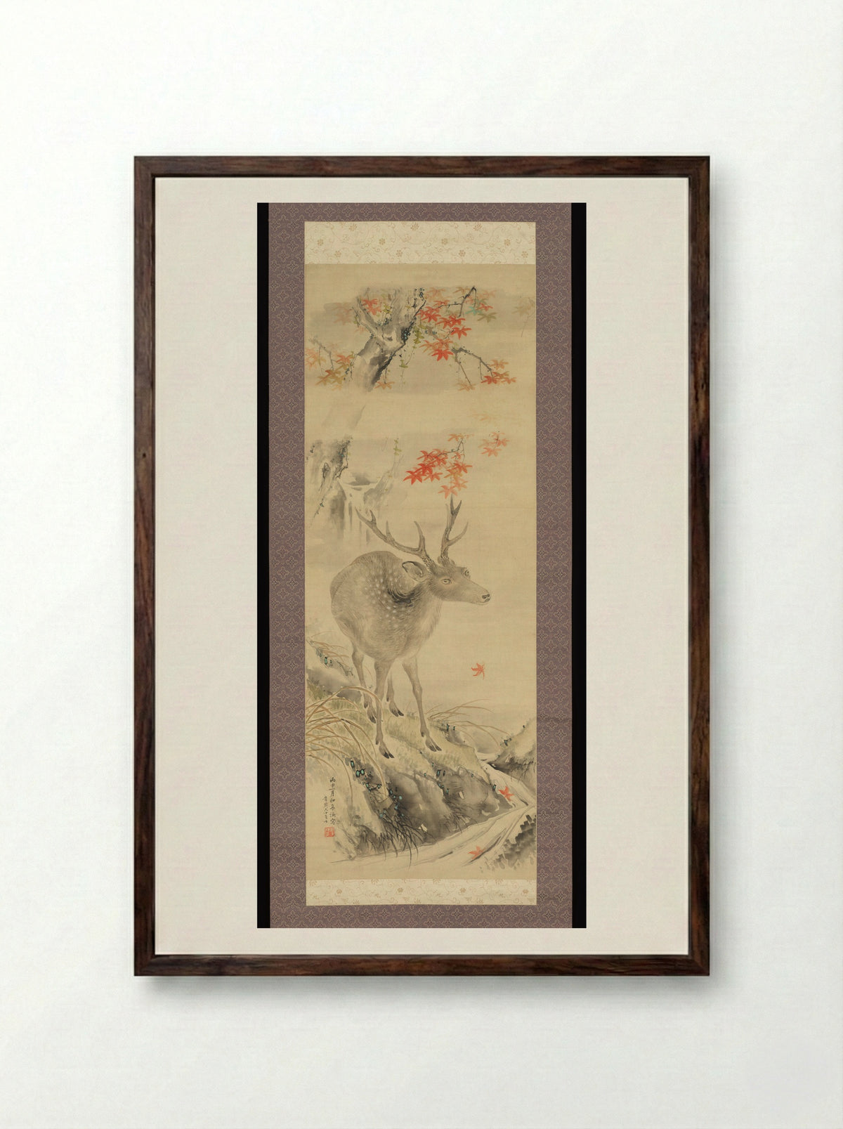 Deer by Mountain Stream - Taki Katei - Framed Print Dark Wood