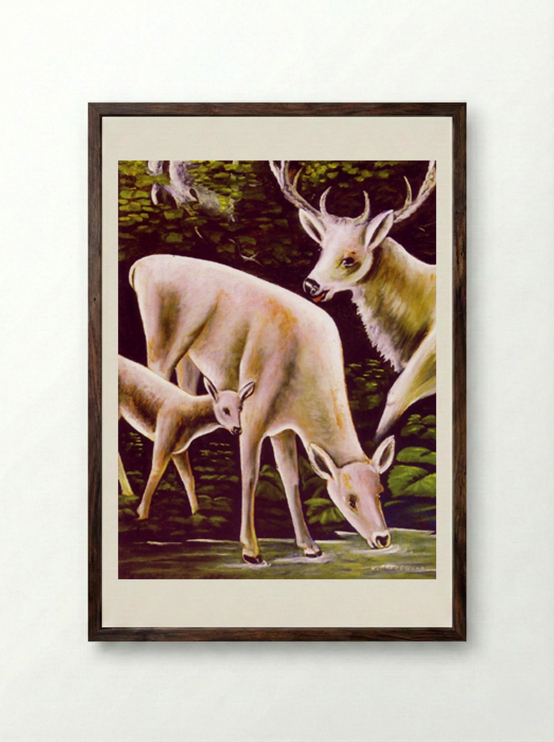 Deer family at waterhole - Niko Pirosmani - Framed Print Dark Wood