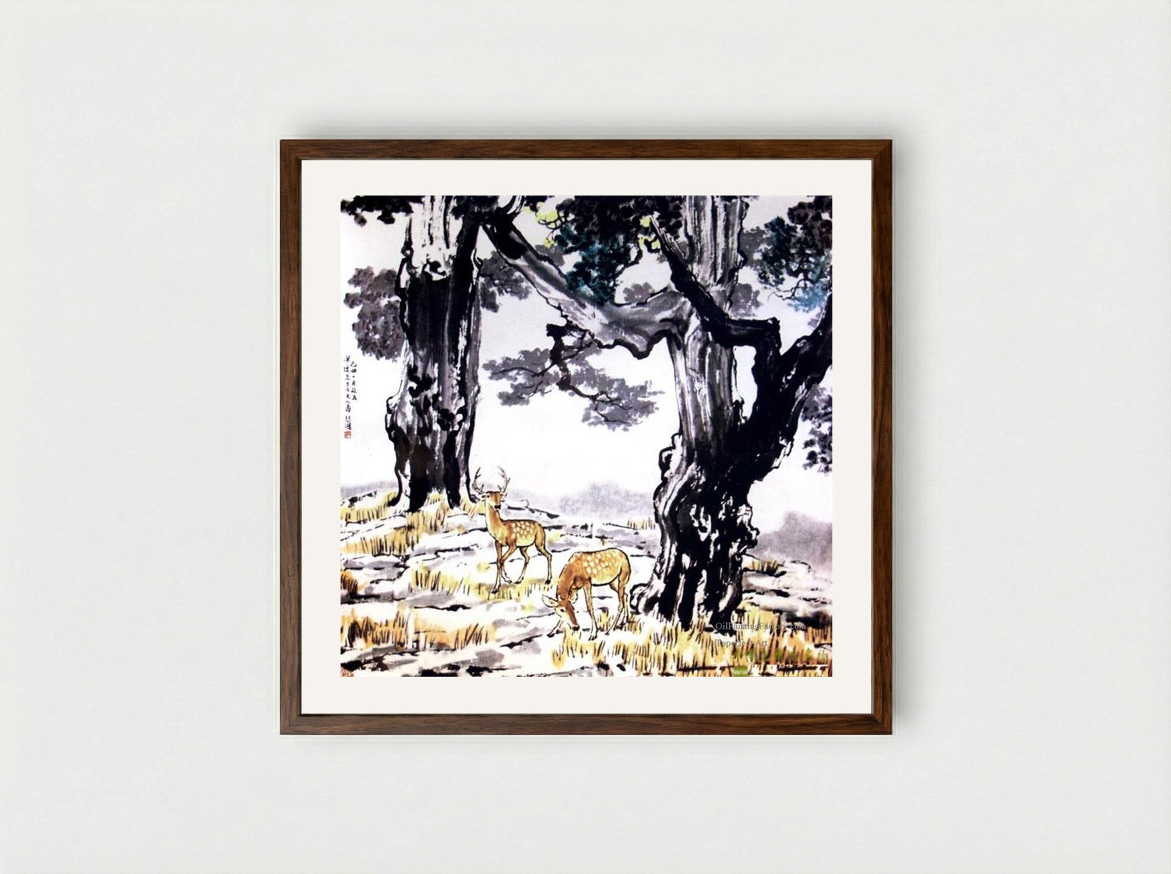 Deer - Xu Beihong - Framed Print Dark Wood