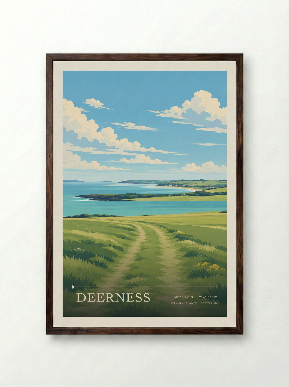 Deerness, Orkney Islands | Travel Poster - Framed Print Dark Wood