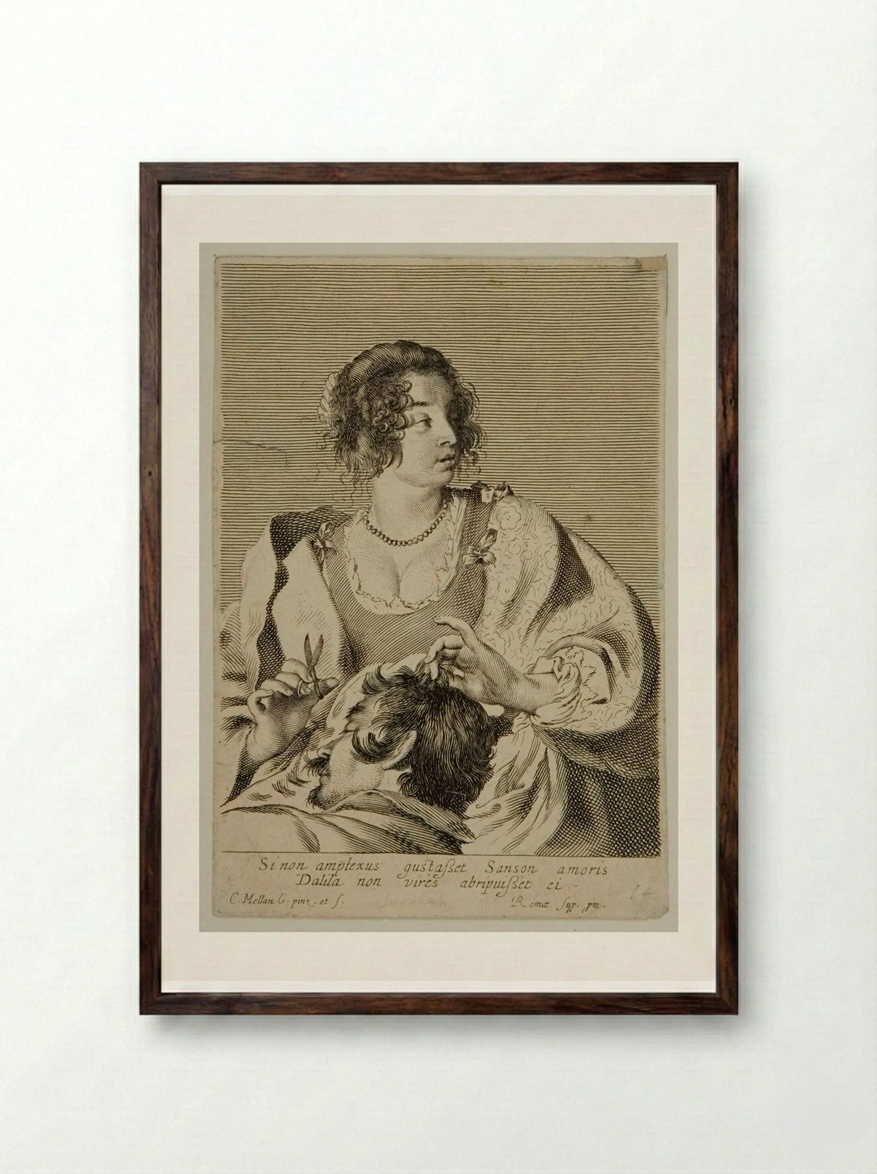 Delilah Cutting Samson's Hair - Claude Mellan - Framed Print Dark Wood
