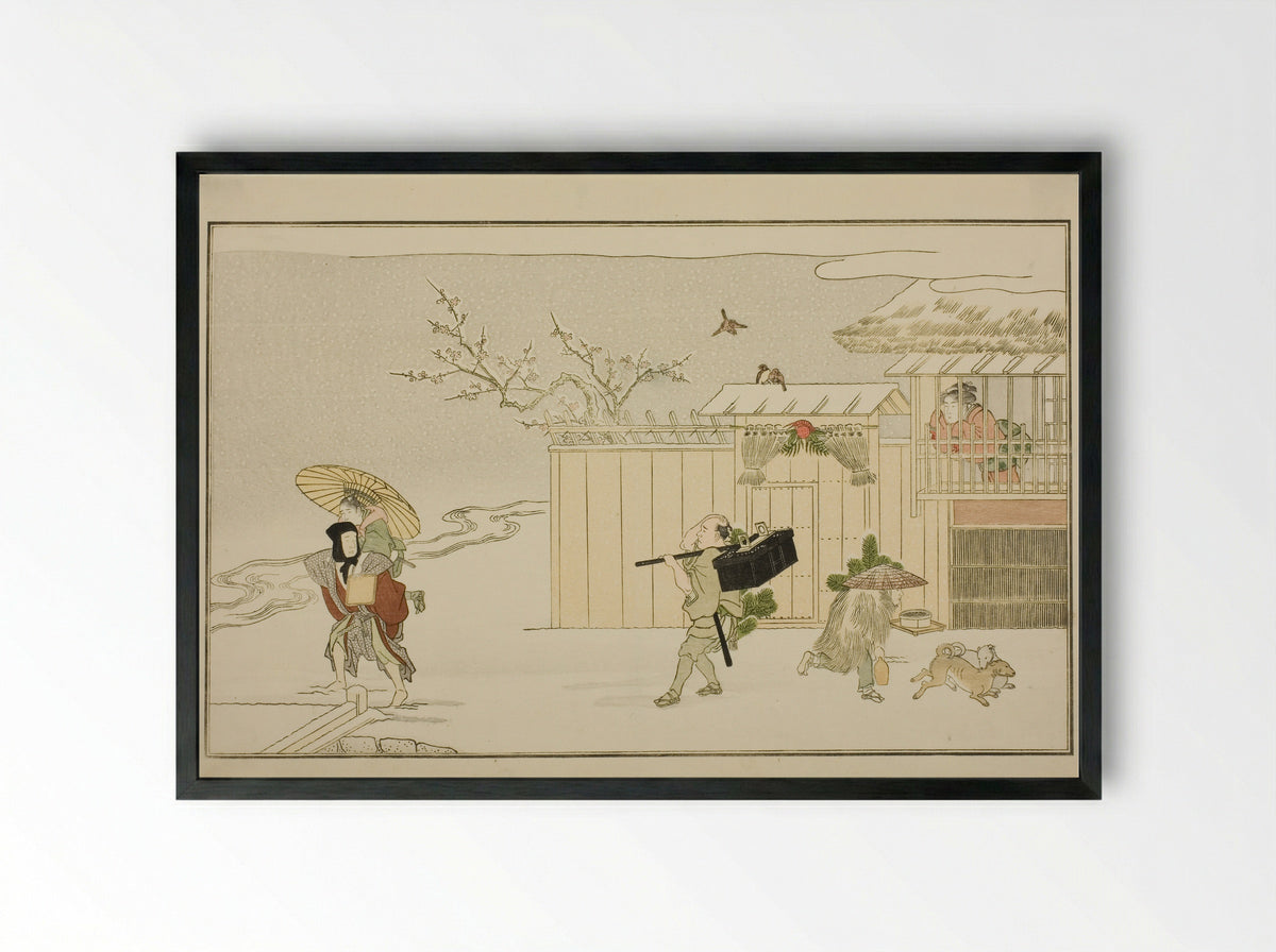 Delivering New Year Gifts in the Snow - Kitagawa Utamaro - Framed Print Black