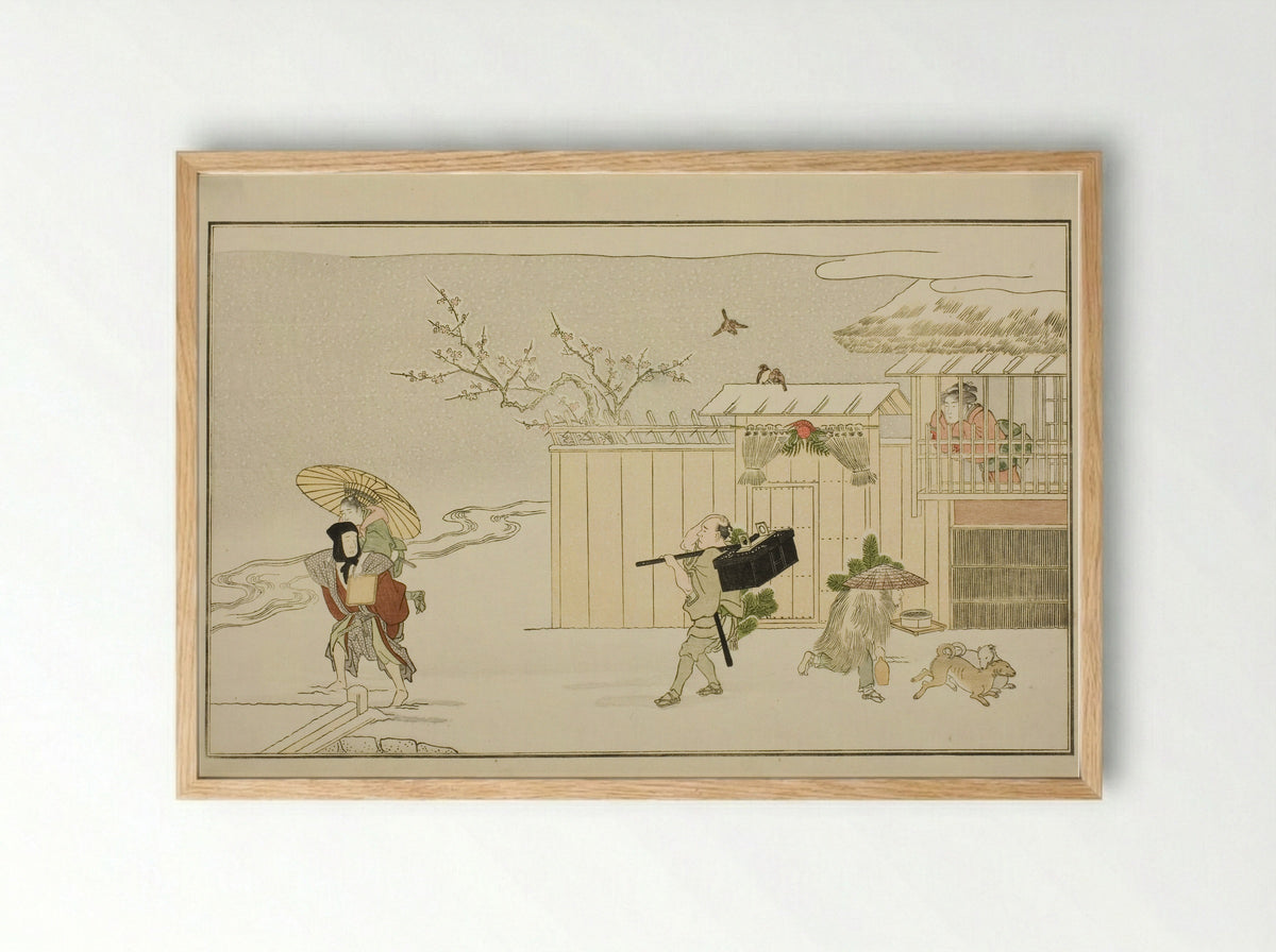 Delivering New Year Gifts in the Snow - Kitagawa Utamaro - Framed Print Wood
