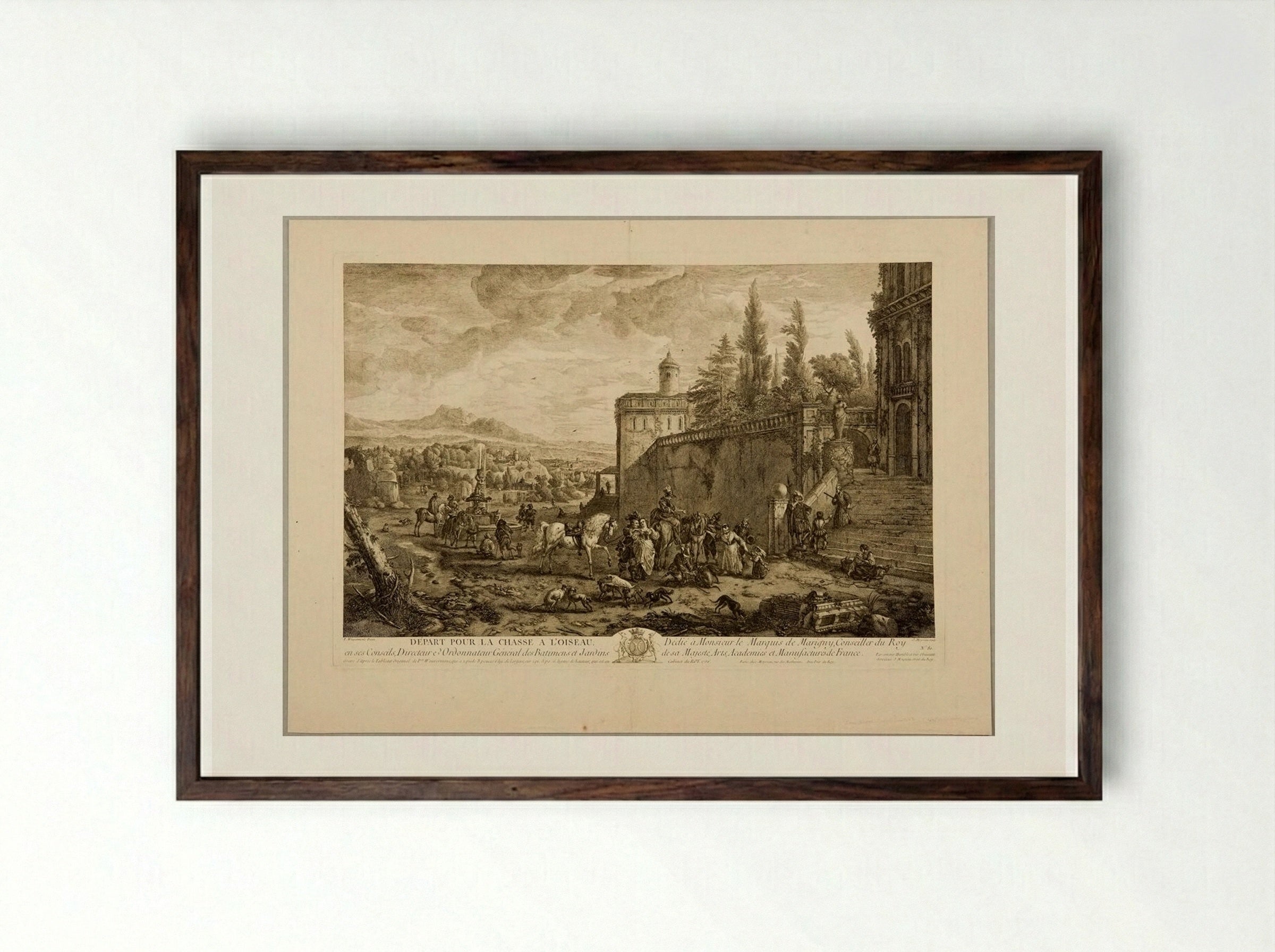 Departure for the Bird Hunt - Jean Moyreau - Framed Print Dark Wood