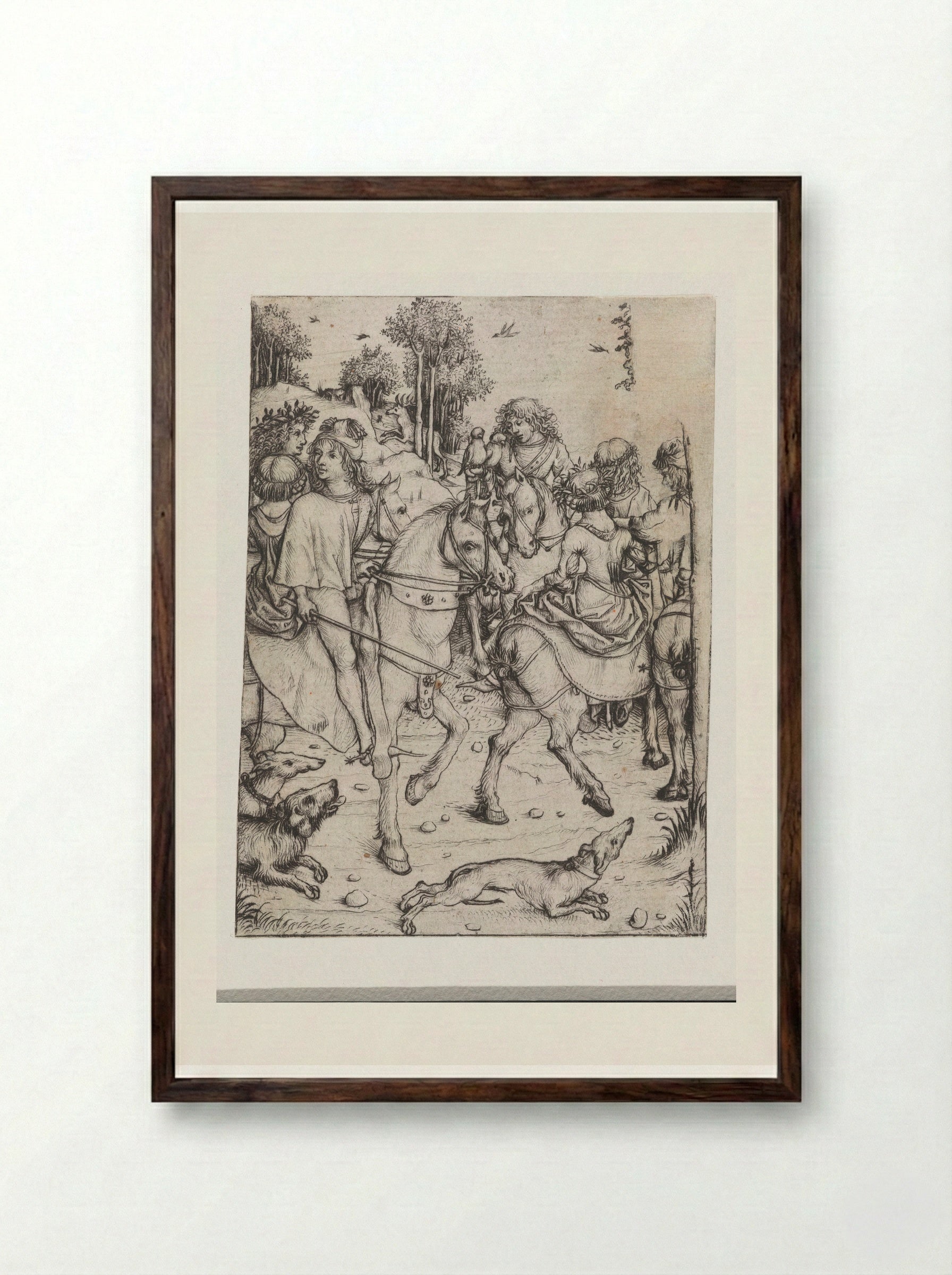 Departure for the Hunt - Master of the Amsterdam Cabinet - Framed Print Dark Wood