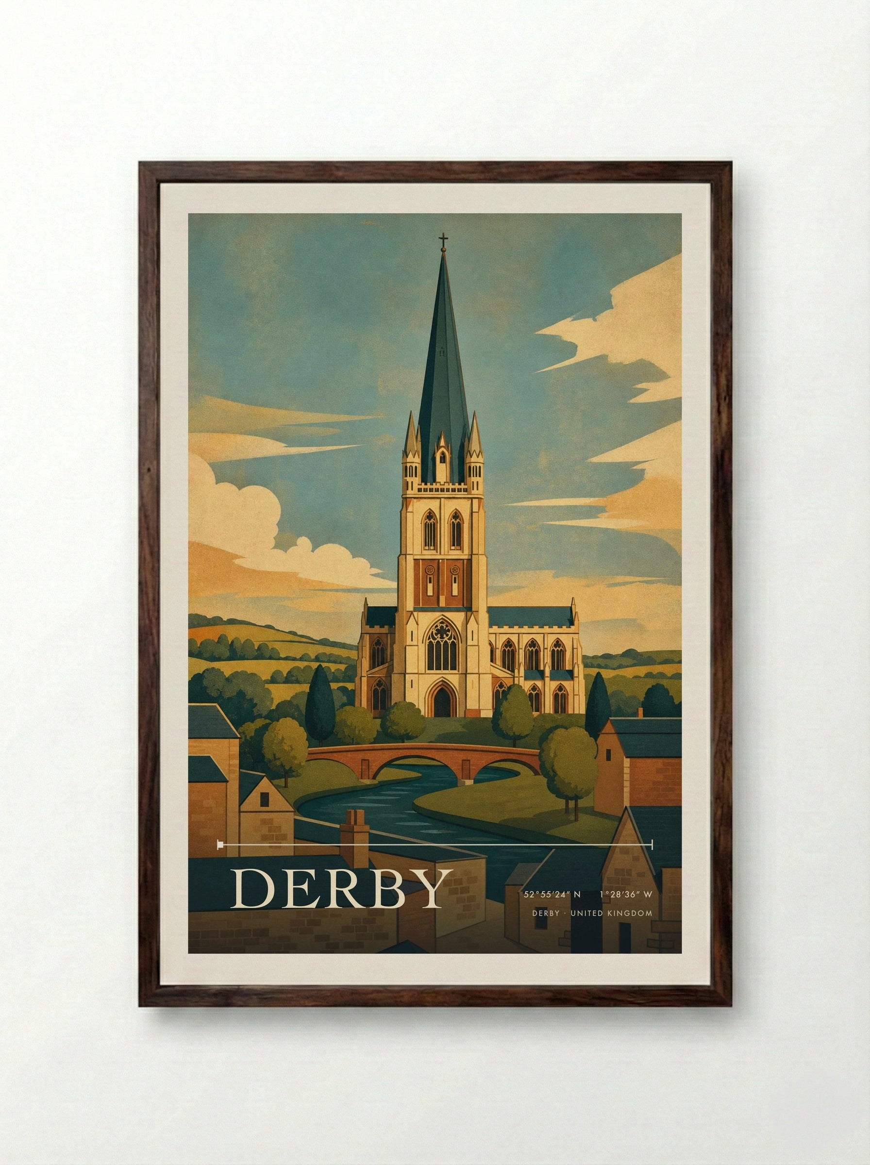 Derby United Kingdom Travel Poster - Framed Print Dark Wood