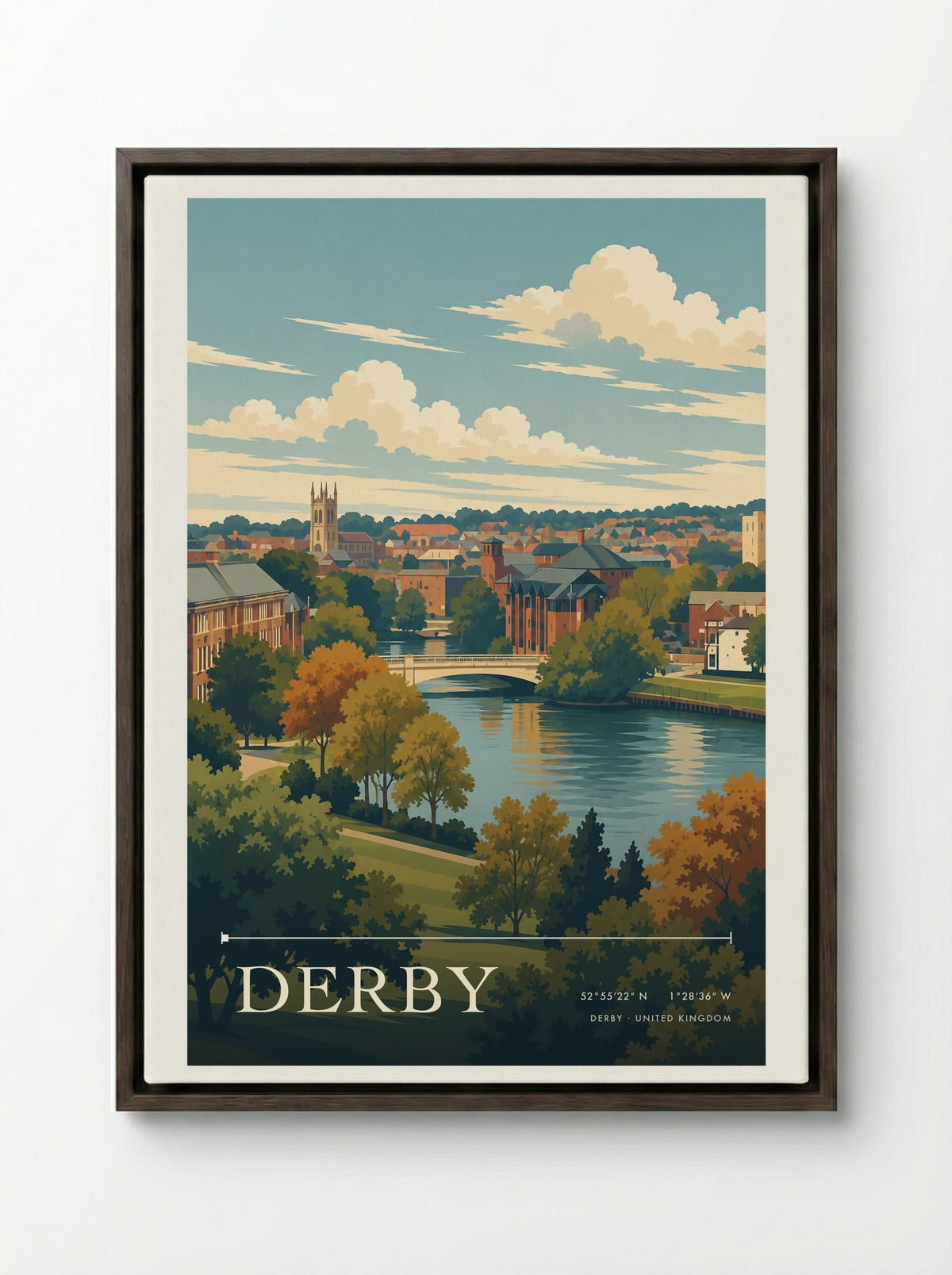 Derby | Travel Poster - Framed Canvas Dark Wood