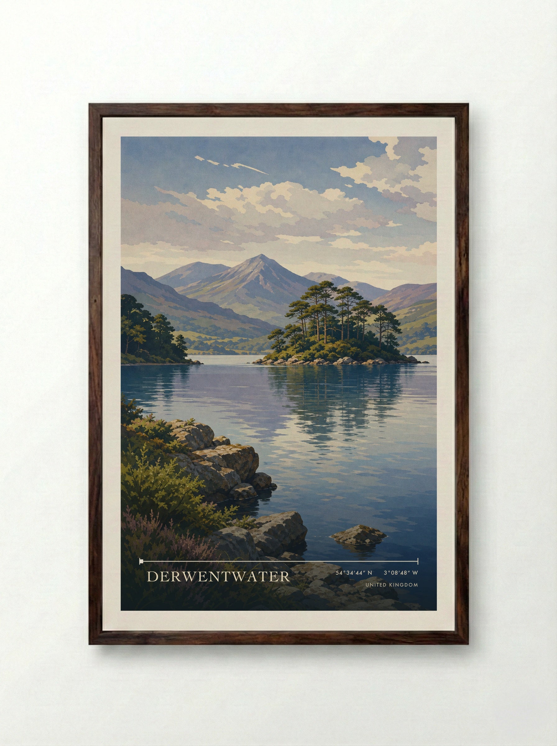 Derwentwater United Kingdom Travel Poster - Framed Print Dark Wood