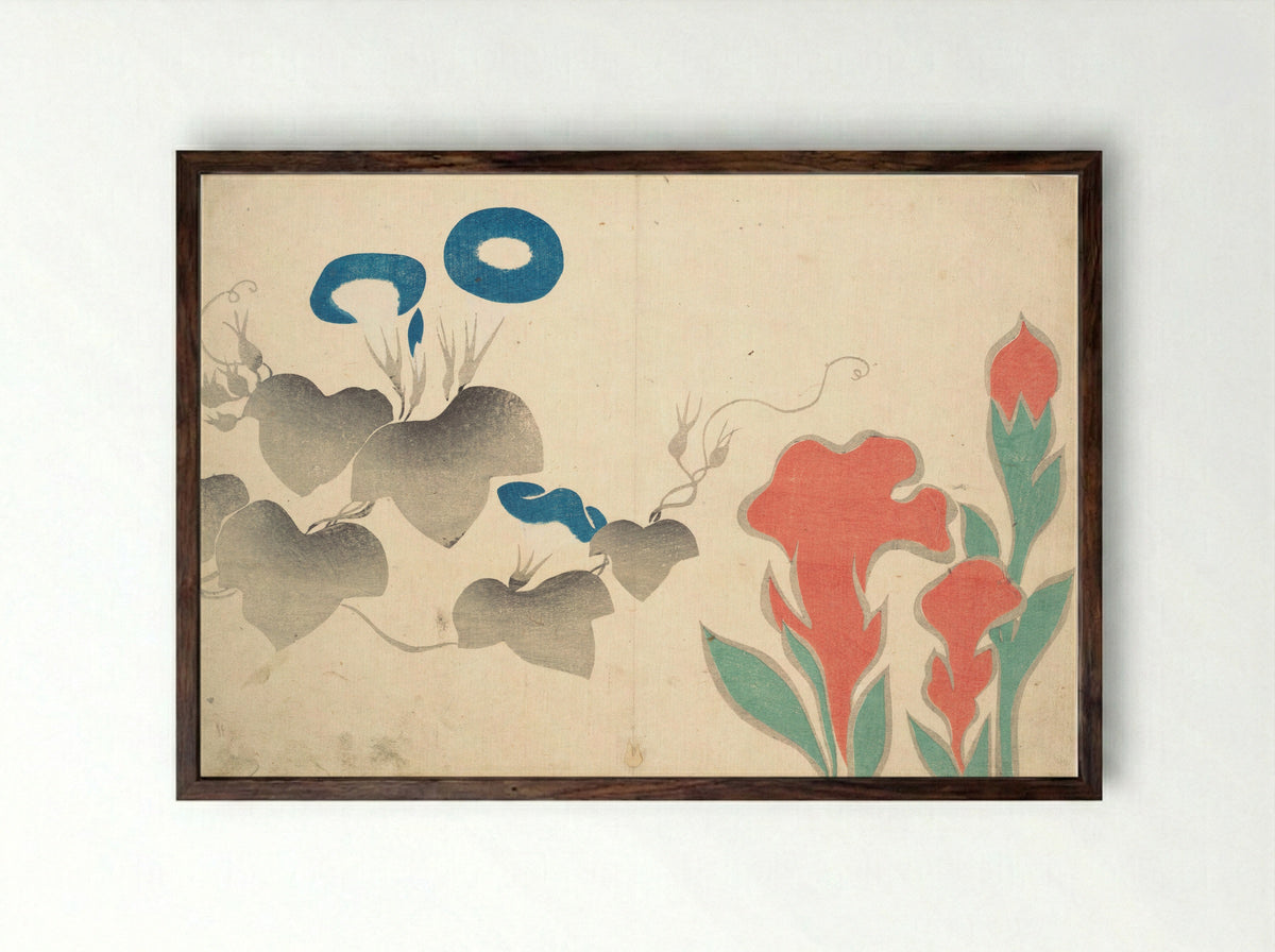 Design of Morning-glory and Other Flowers - Ogata Kōrin - Framed Print Dark Wood