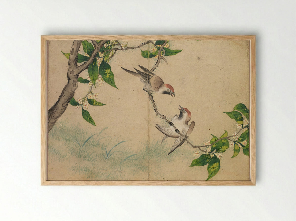 Desk Album: Flower and Bird Paintings (Gossiping Sparrows) - Zhang Ruoai - Framed Print Wood