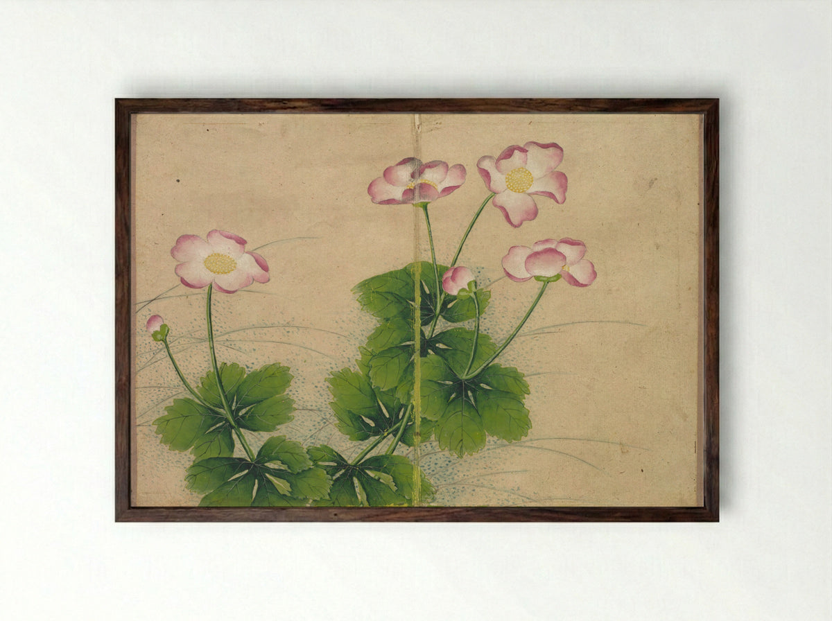 Desk Album: Flower and Bird Paintings (mallow flowers) - Zhang Ruoai - Framed Print Dark Wood