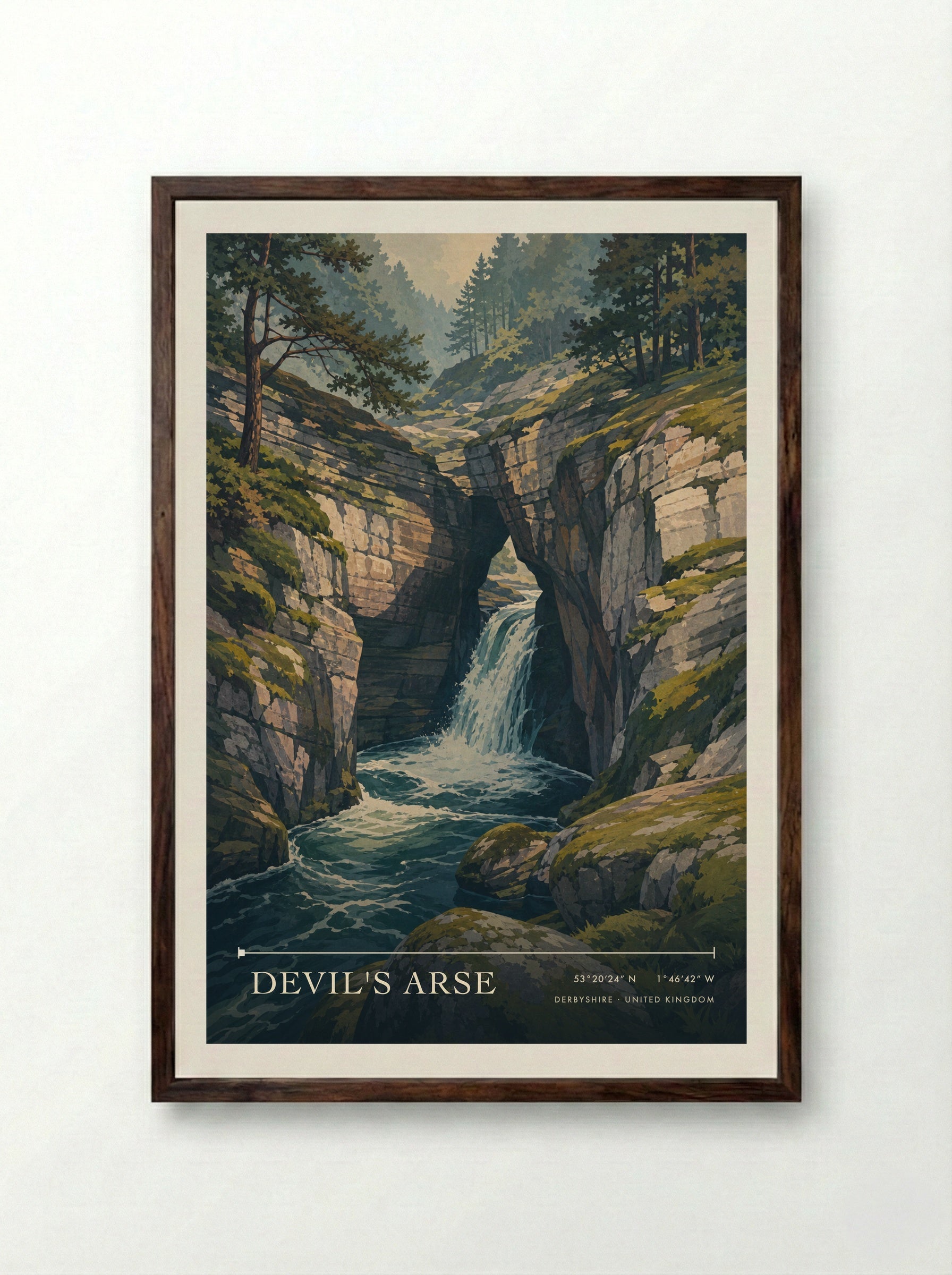 Devil's Arse Derbyshire United Kingdom Travel Poster - Framed Print Dark Wood