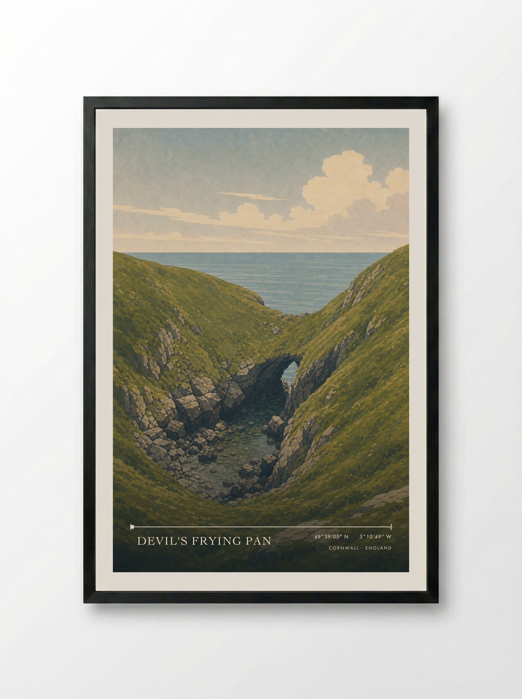 Devil's Frying Pan Cornwall England Travel Poster - Framed Print Black