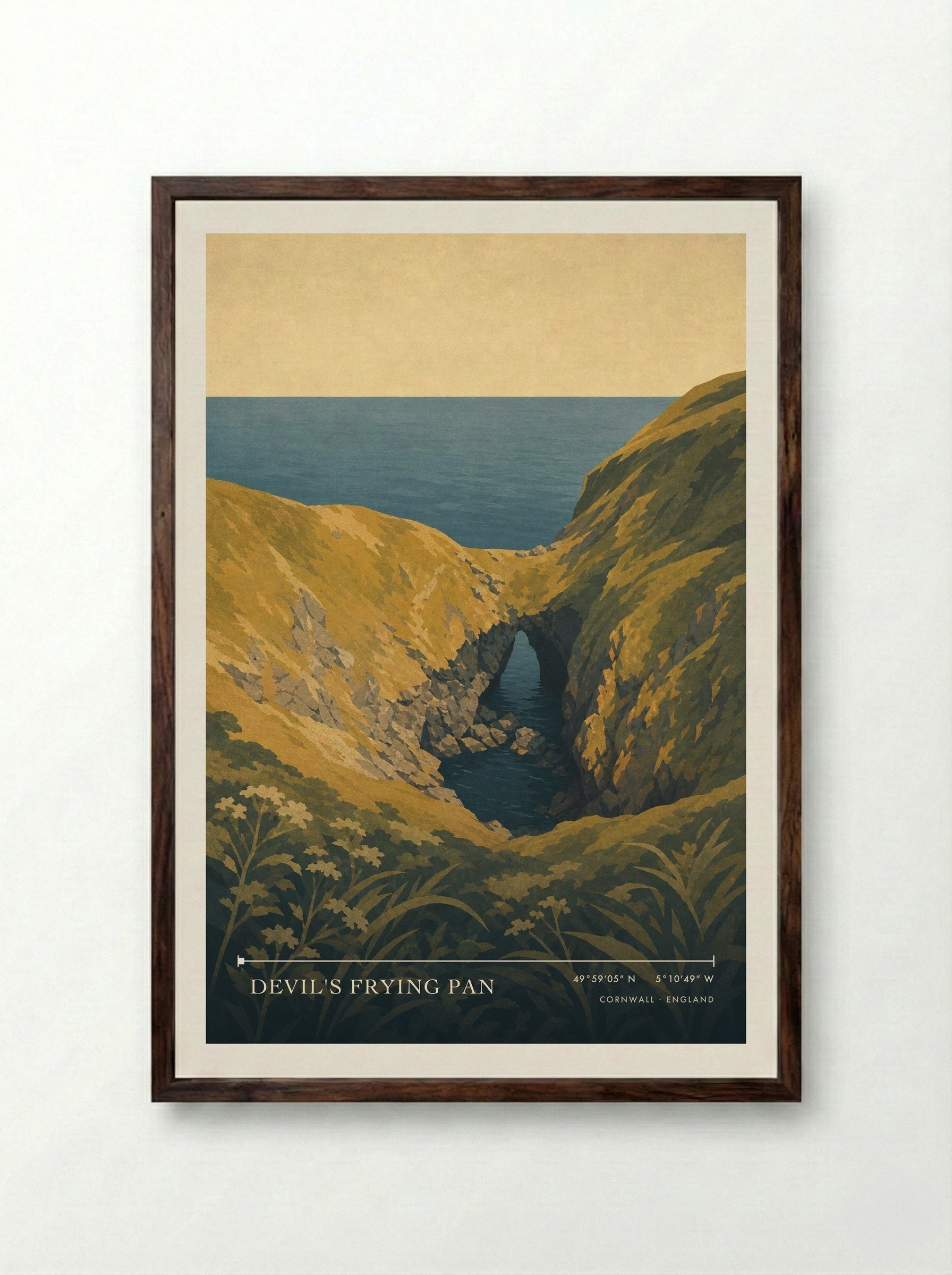 Devil's Frying Pan Cornwall England Travel Poster - Framed Print Dark Wood