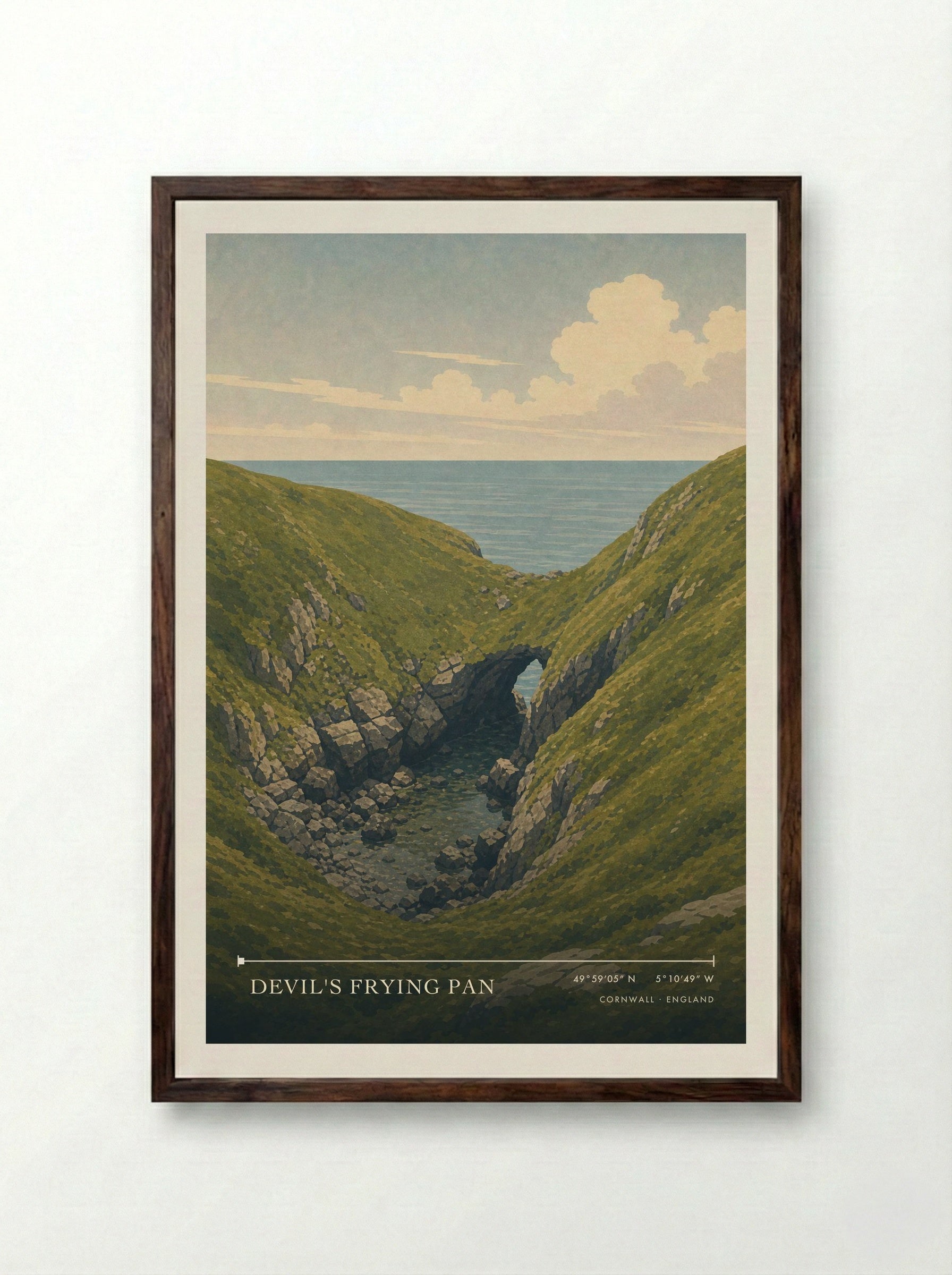 Devil's Frying Pan Cornwall England Travel Poster - Framed Print Dark Wood