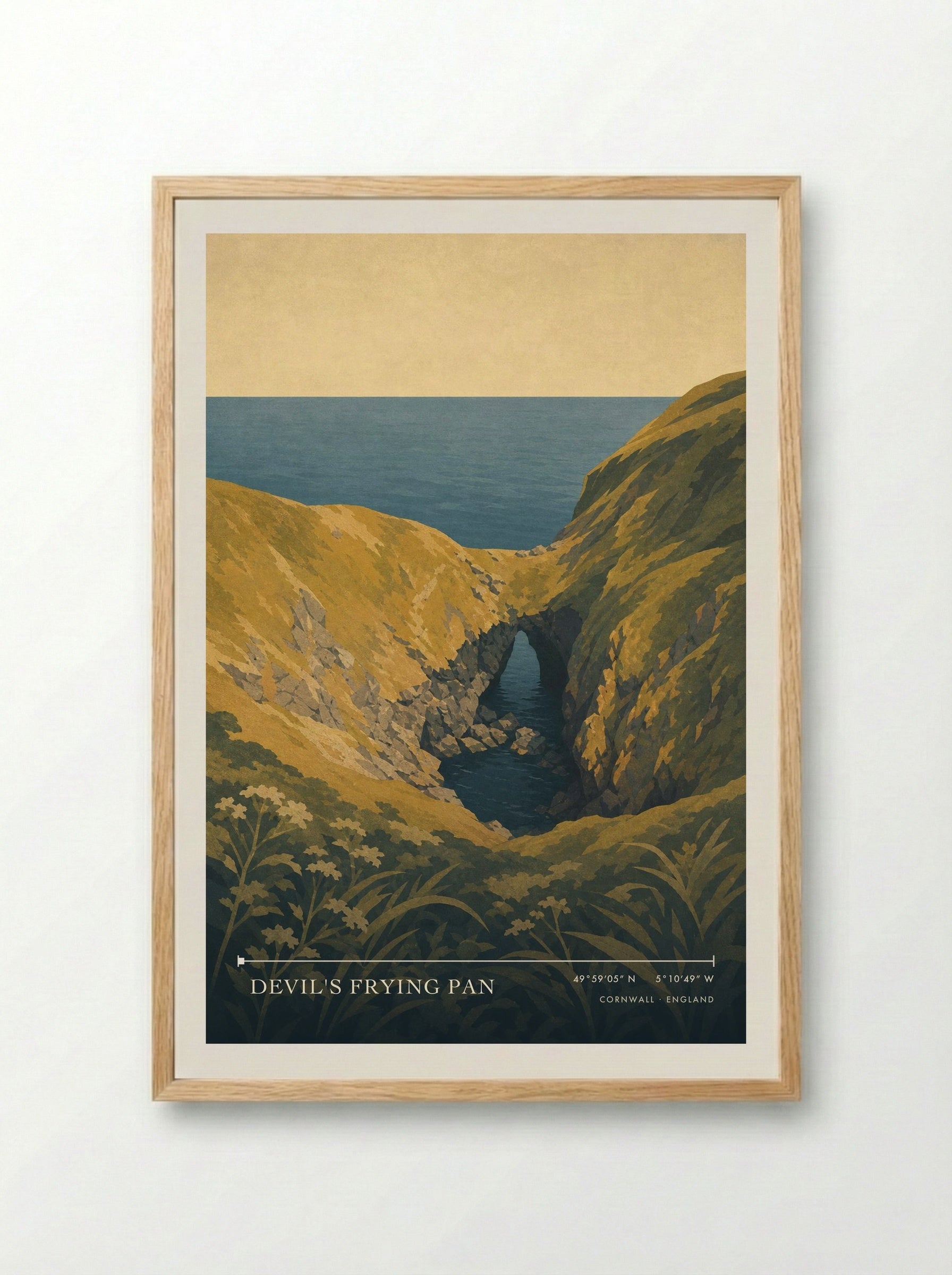 Devil's Frying Pan Cornwall England Travel Poster - Framed Print Wood