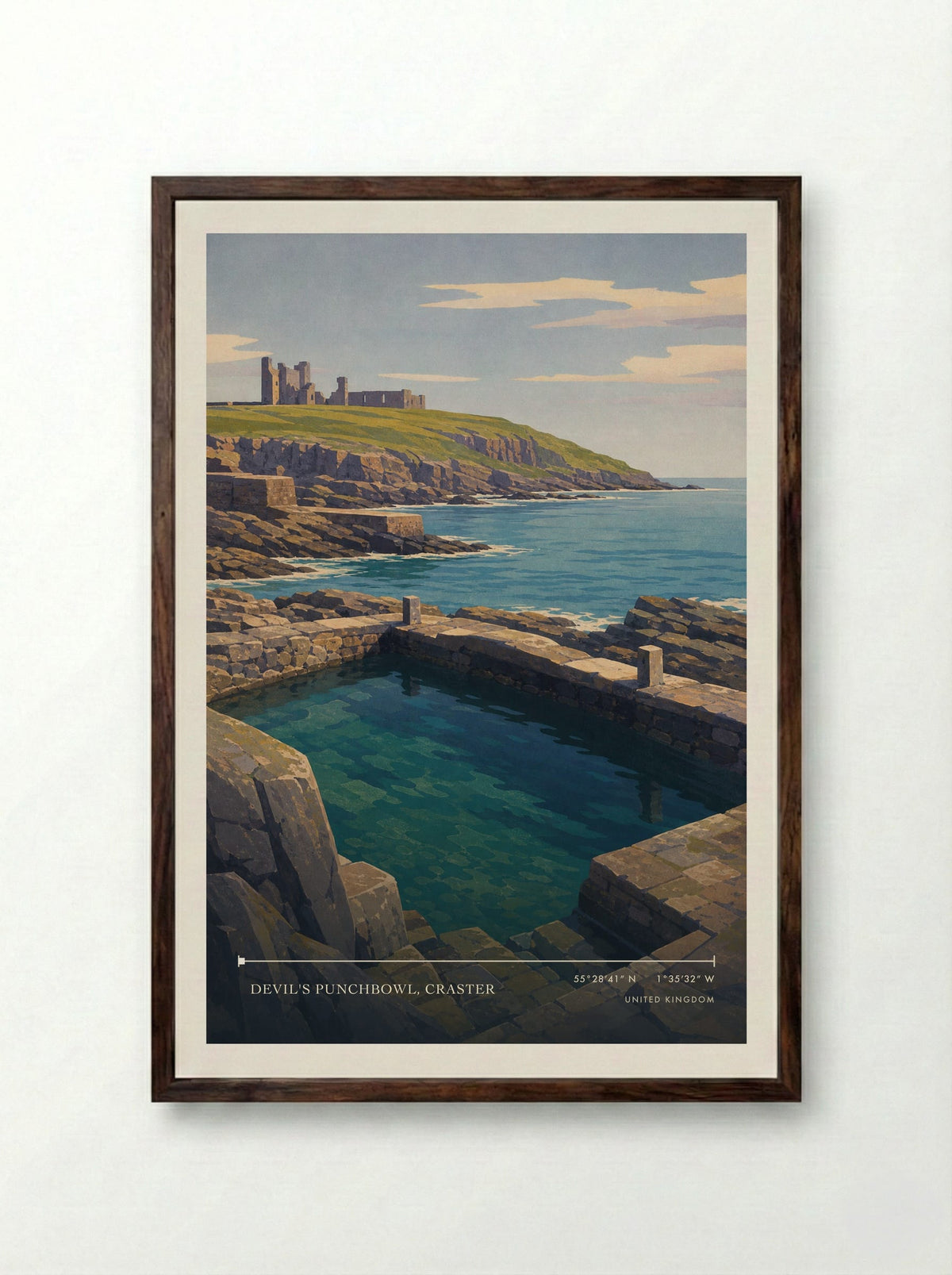 Devil's Punchbowl, Craster United Kingdom Travel Poster - Framed Print Dark Wood