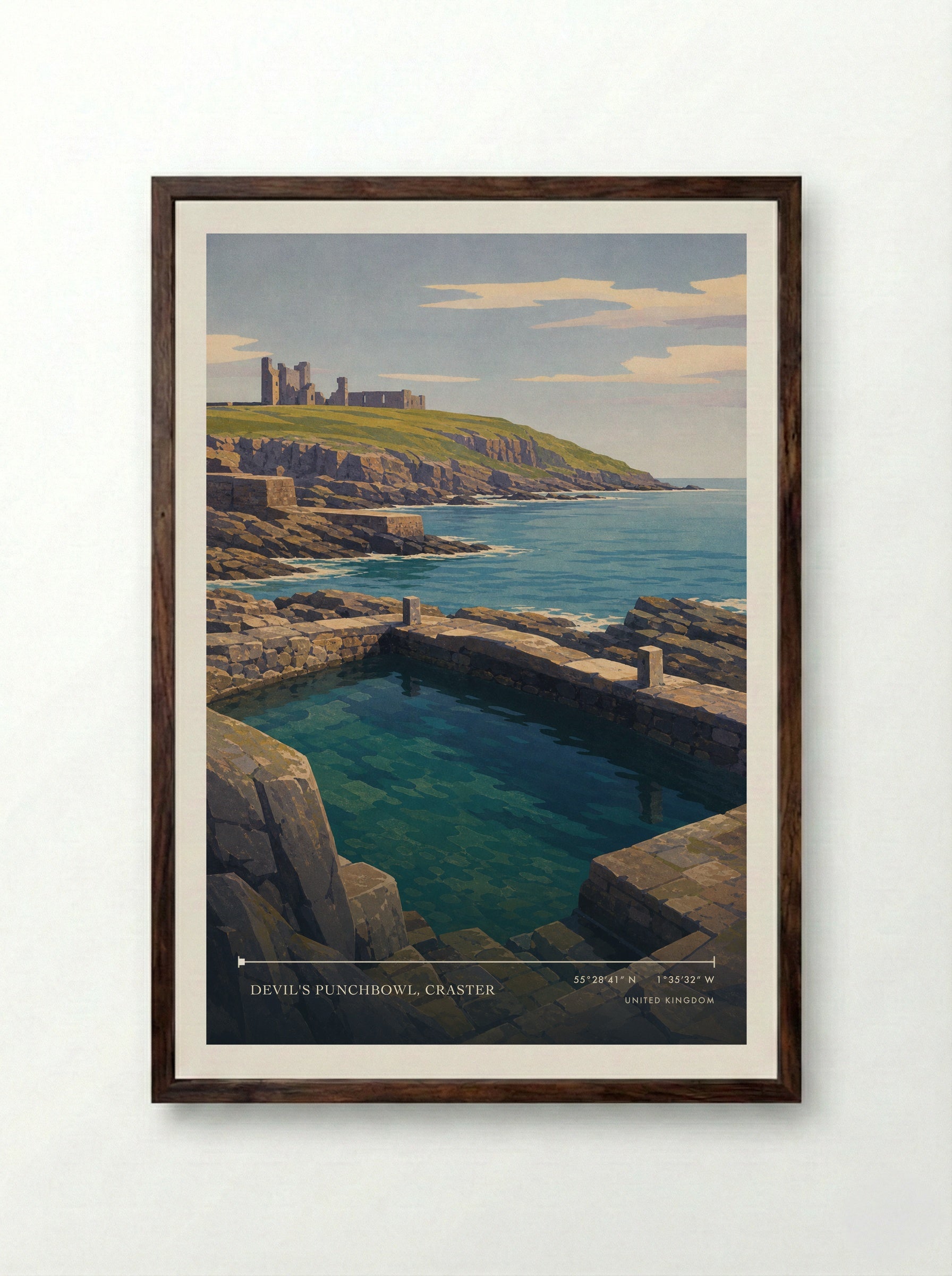 Devil's Punchbowl, Craster United Kingdom Travel Poster - Framed Print Dark Wood