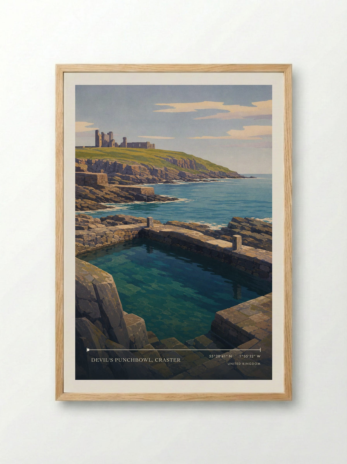 Devil's Punchbowl, Craster United Kingdom Travel Poster - Framed Print Wood