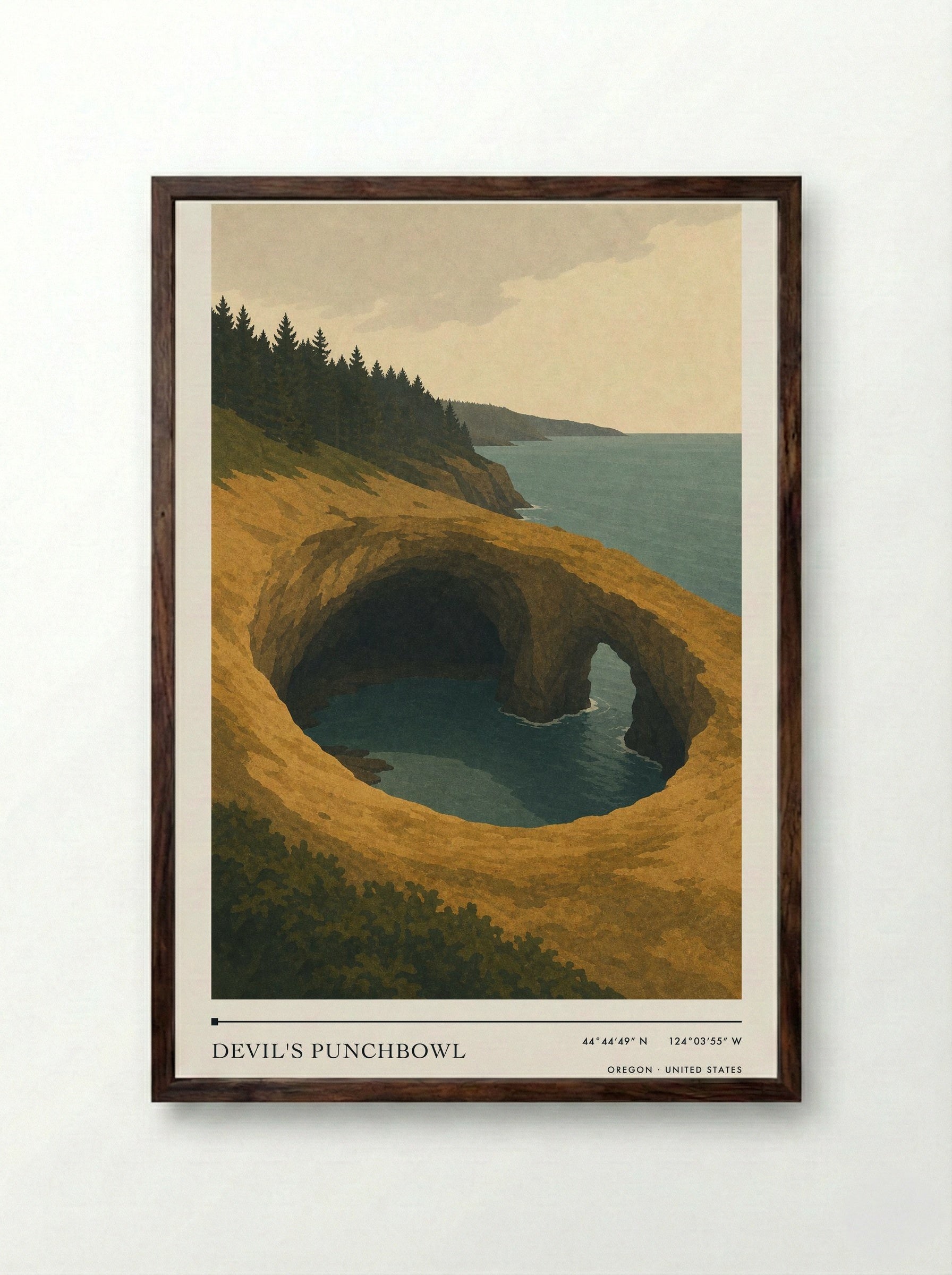 Devil's Punchbowl Travel Poster Artwork - Framed Print Dark Wood