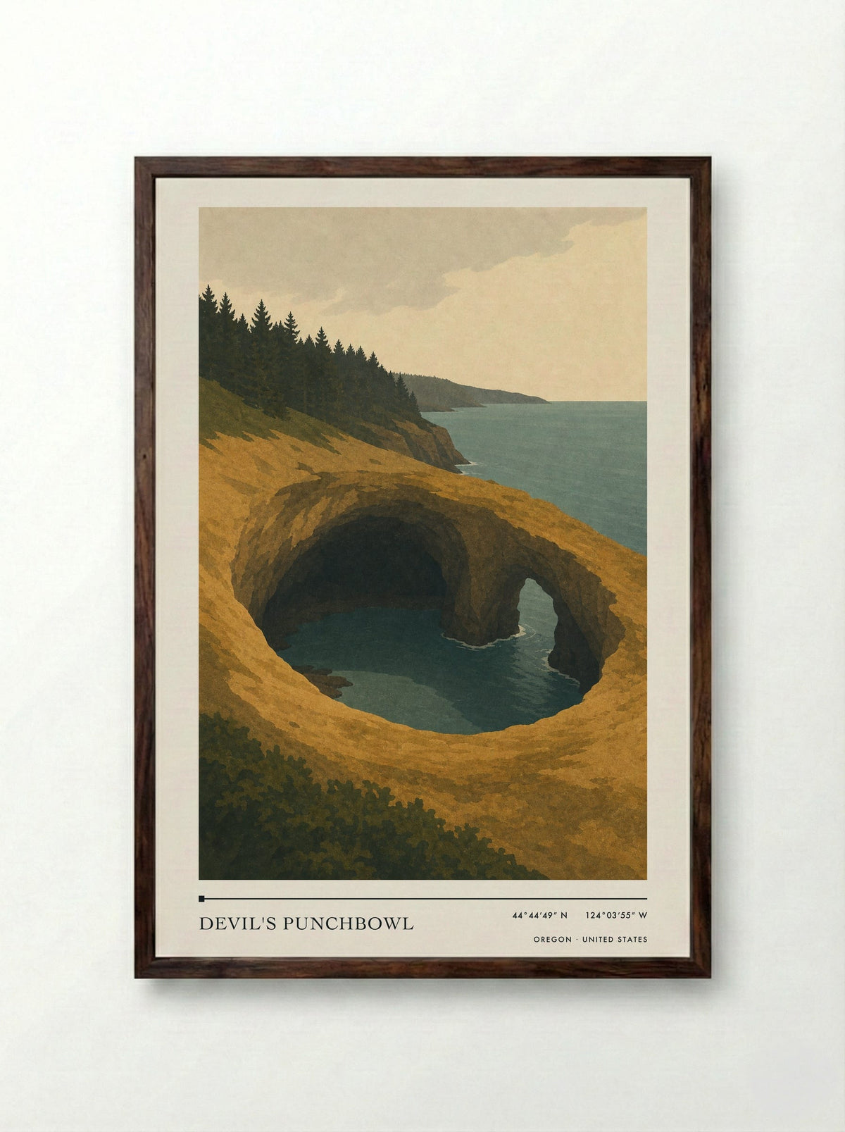 Devil's Punchbowl Travel Poster Artwork - Framed Print Dark Wood