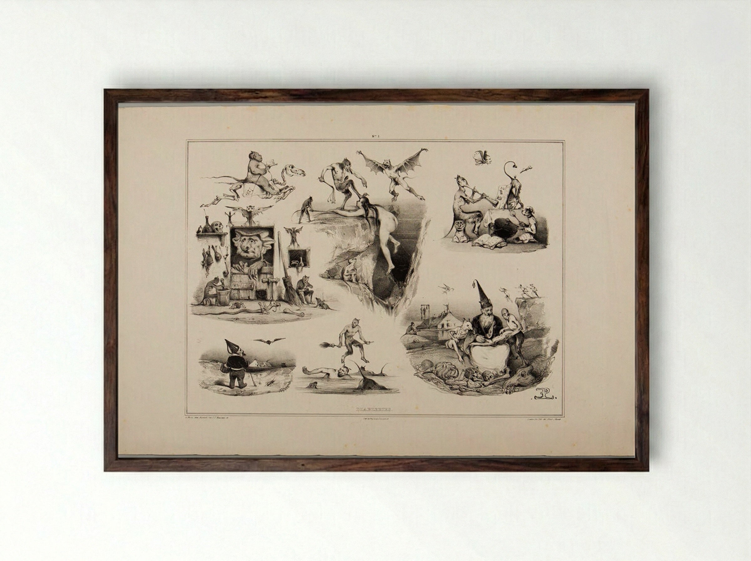 Devils of Lithography: Plate 1 - Eugène Lepoittevin - Framed Print Dark Wood