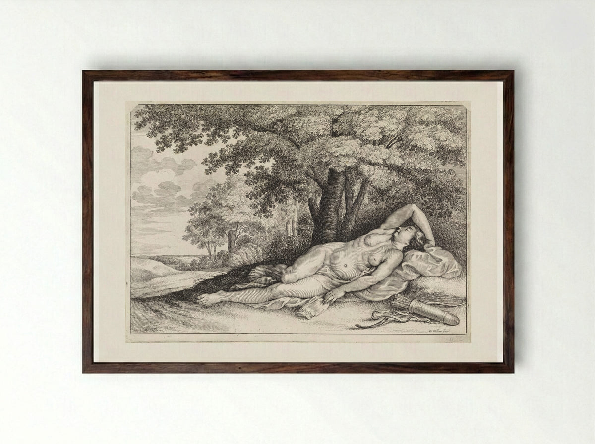 Diana Resting - Wenceslaus Hollar - Framed Print Dark Wood