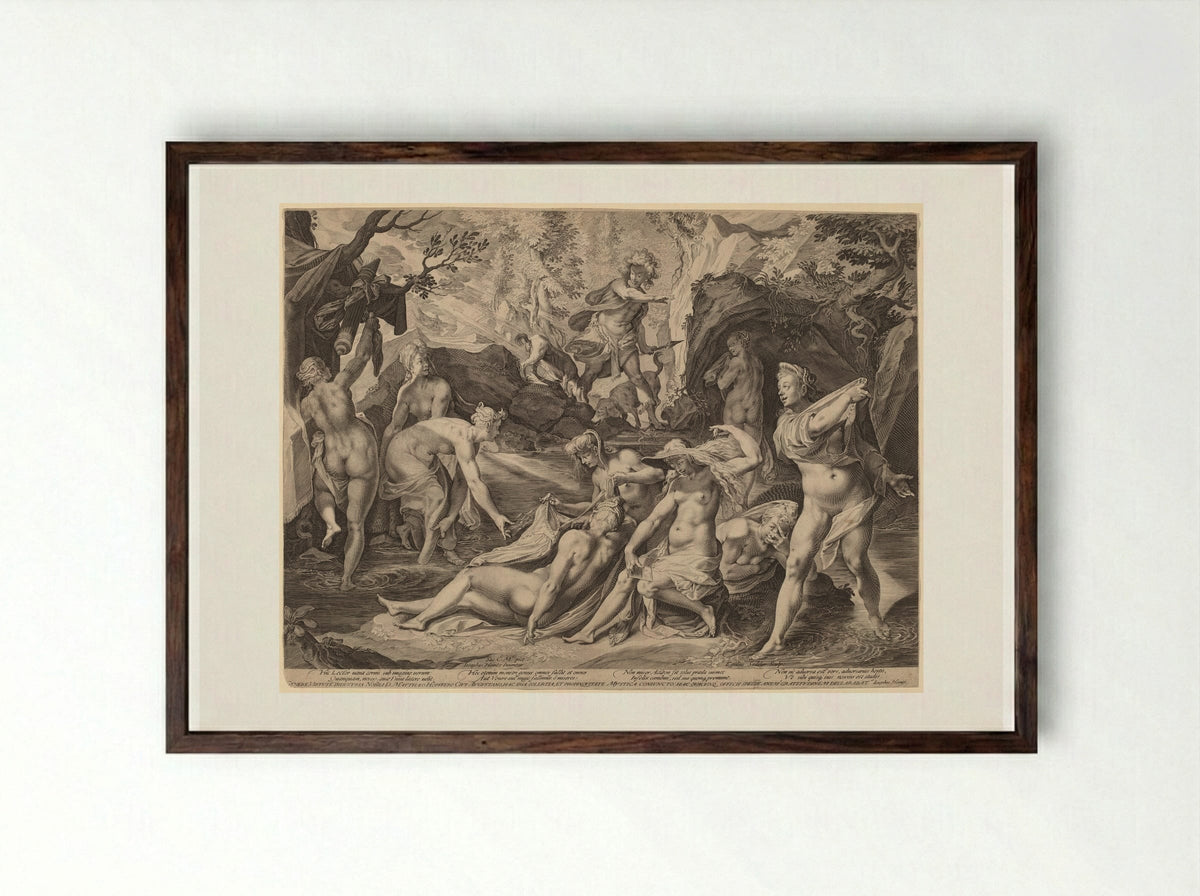 Diana, Surprised by Actaeon - Aegidius Sadeler II - Framed Print Dark Wood
