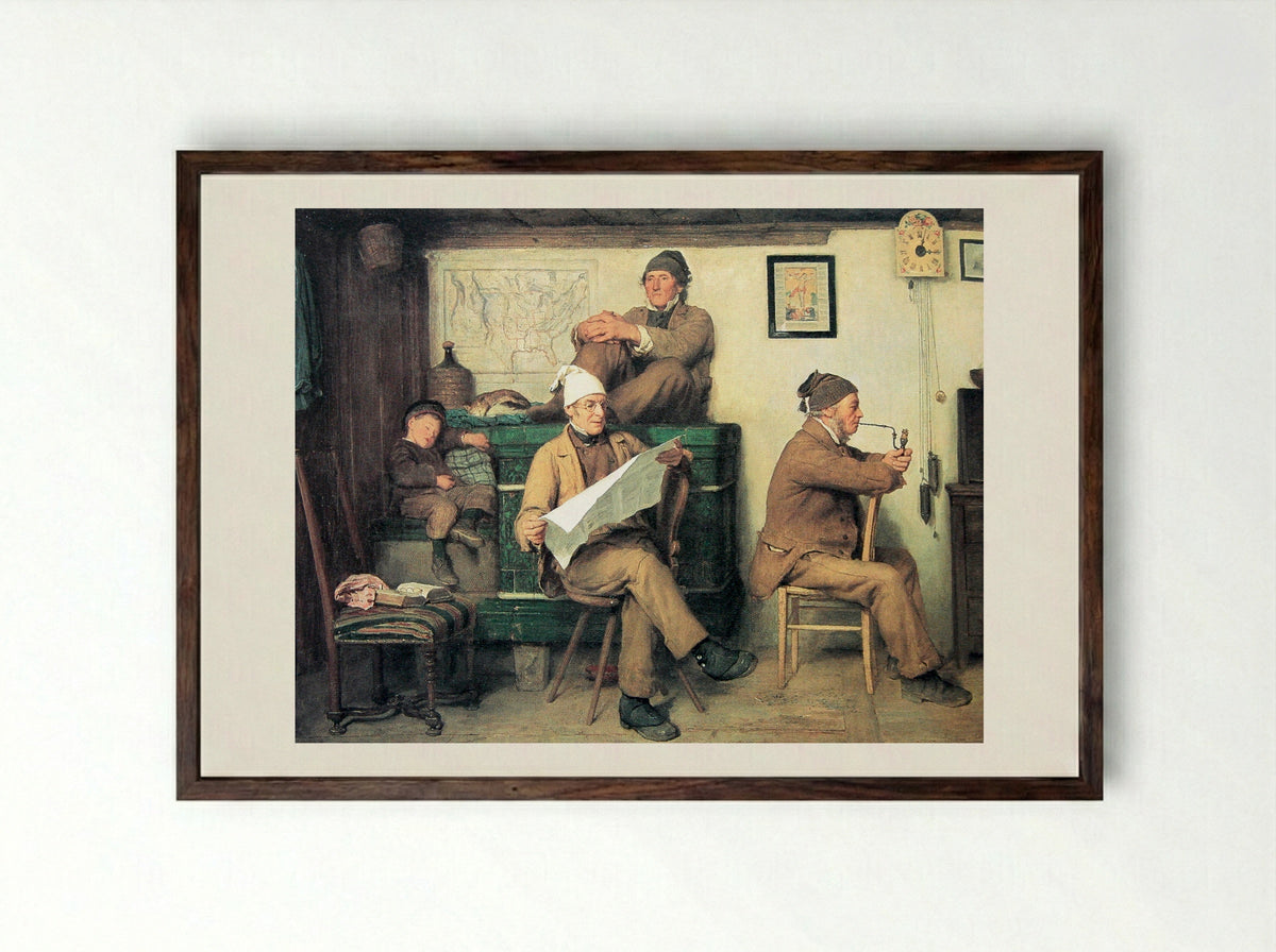 Die Bauern und die Zeitung - Albert Anker - Framed Print Dark Wood