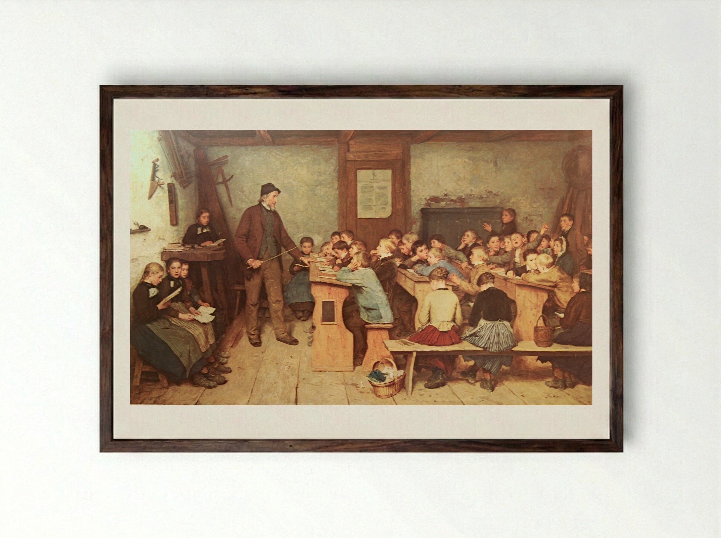 Die Dorfschule von 1848 - Albert Anker - Framed Print Dark Wood