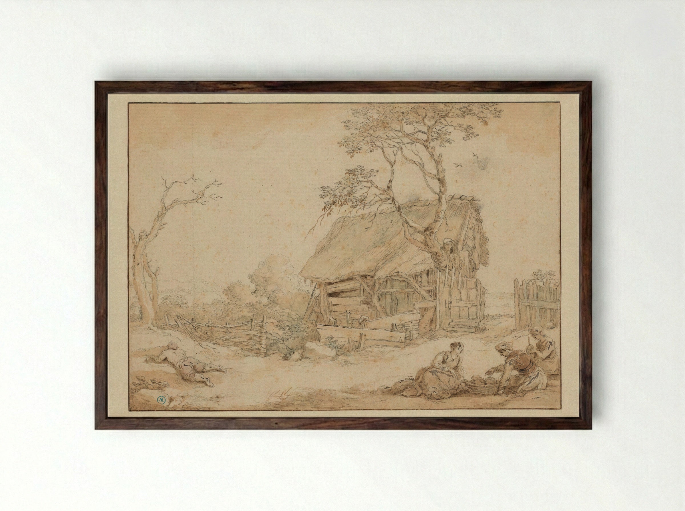 Dilapidated Cottage with Sleeping Peasant and Three Women Spinning - Abraham Bloemaert - Framed Print Dark Wood