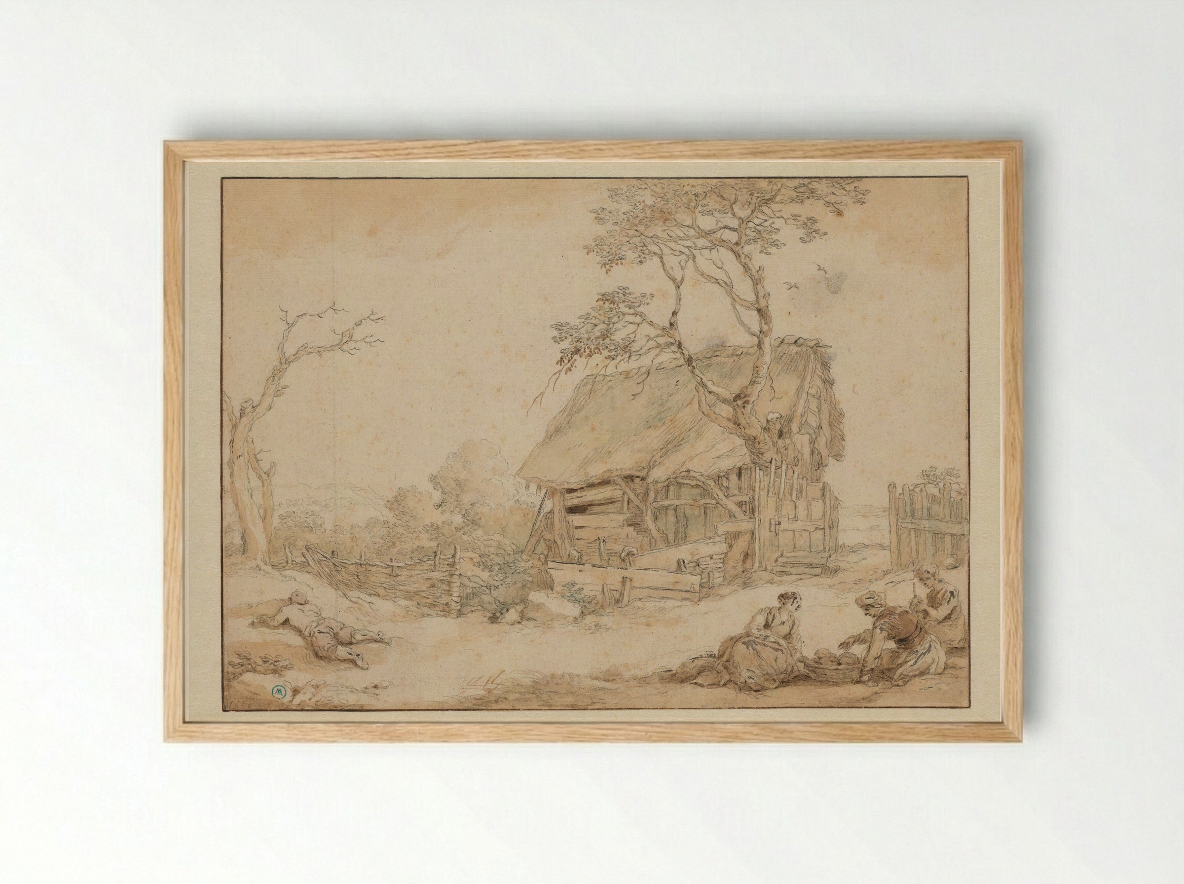 Dilapidated Cottage with Sleeping Peasant and Three Women Spinning - Abraham Bloemaert - Framed Print Wood