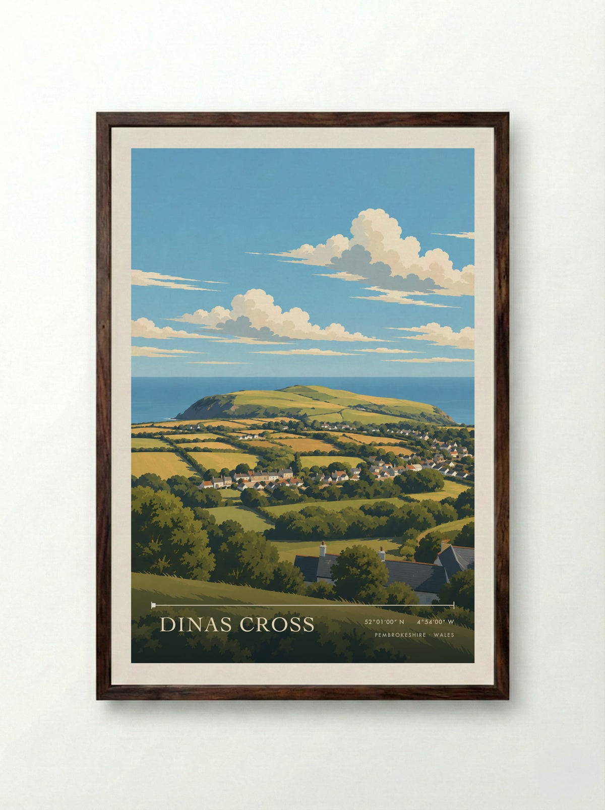 Dinas Cross, Pembrokeshire | Travel Poster - Framed Print Dark Wood