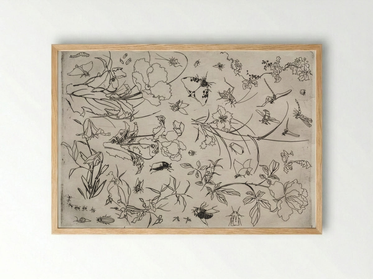 Dinner Service (Rousseau service): Flowers and Insects (no. 15) - Félix Bracquemond - Framed Print Wood