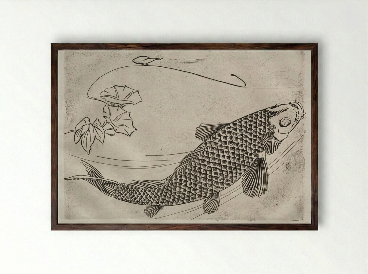 Dinner Service (Rousseau service): Large fish in a Japanese style (no. 19) - Félix Bracquemond - Framed Print Dark Wood