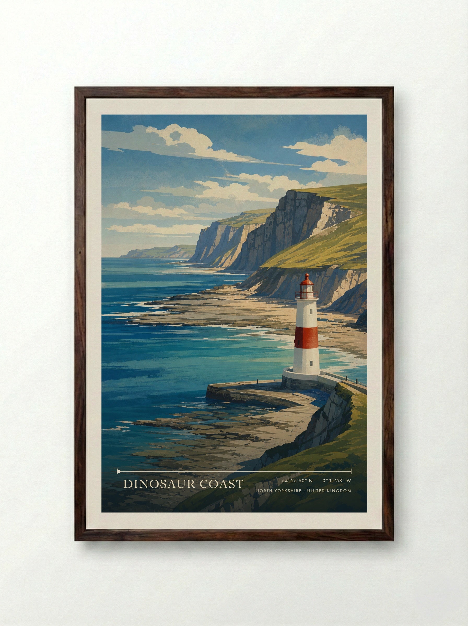 Dinosaur Coast North Yorkshire United Kingdom Travel Poster - Framed Print Dark Wood
