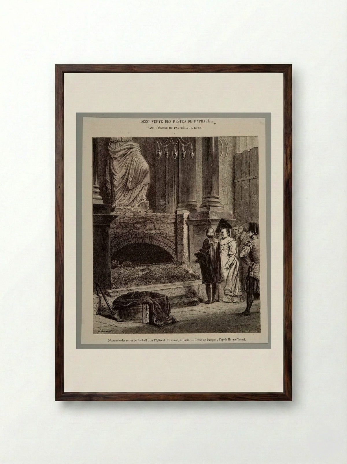 Discovery of the Remains of Raphael in the Pantheon in Rome - Stéphane Pannemaker - Framed Print Dark Wood
