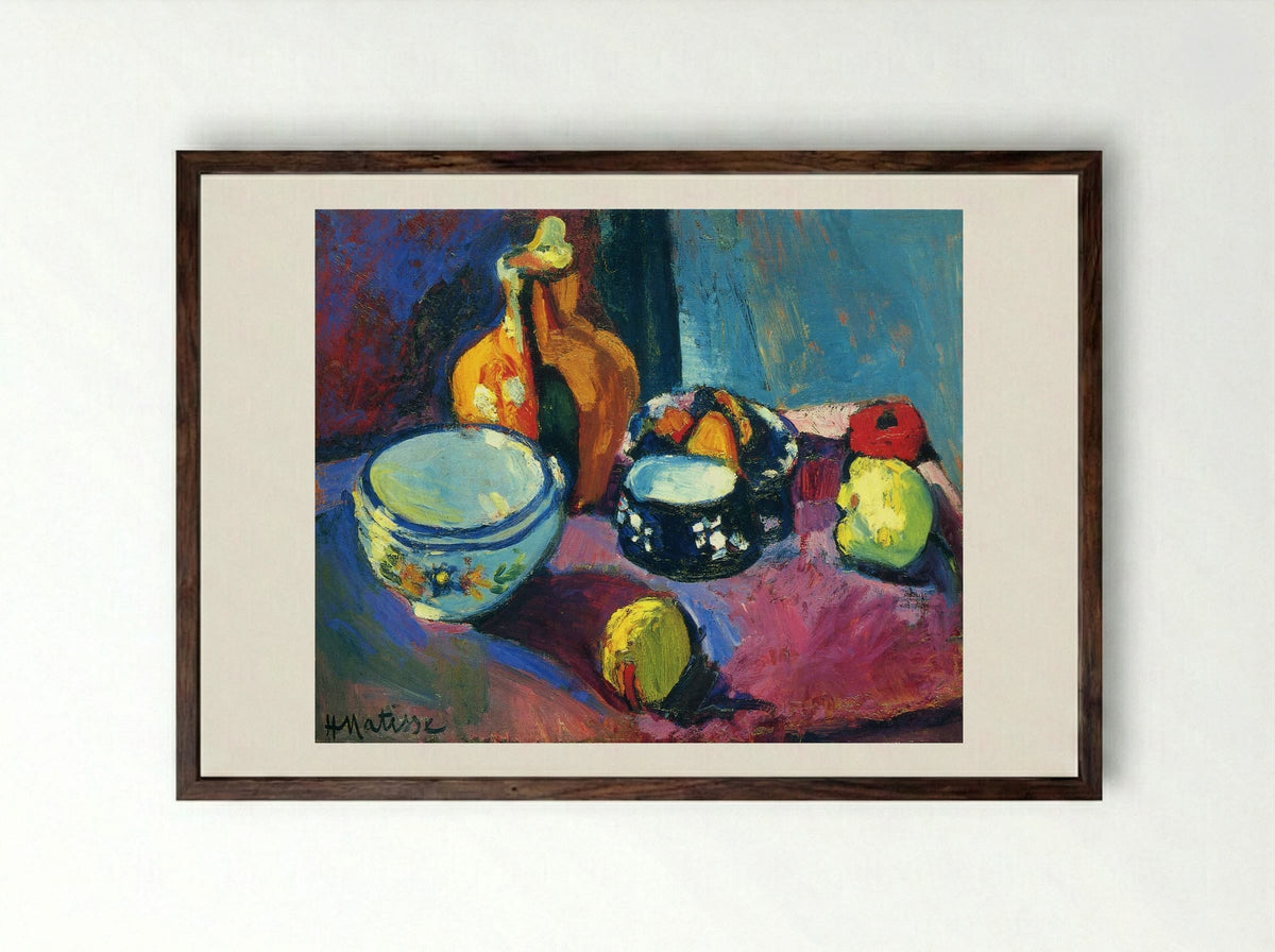 Dishes and Fruit on a Red and Black Carpet - Henri Matisse - Framed Print Dark Wood