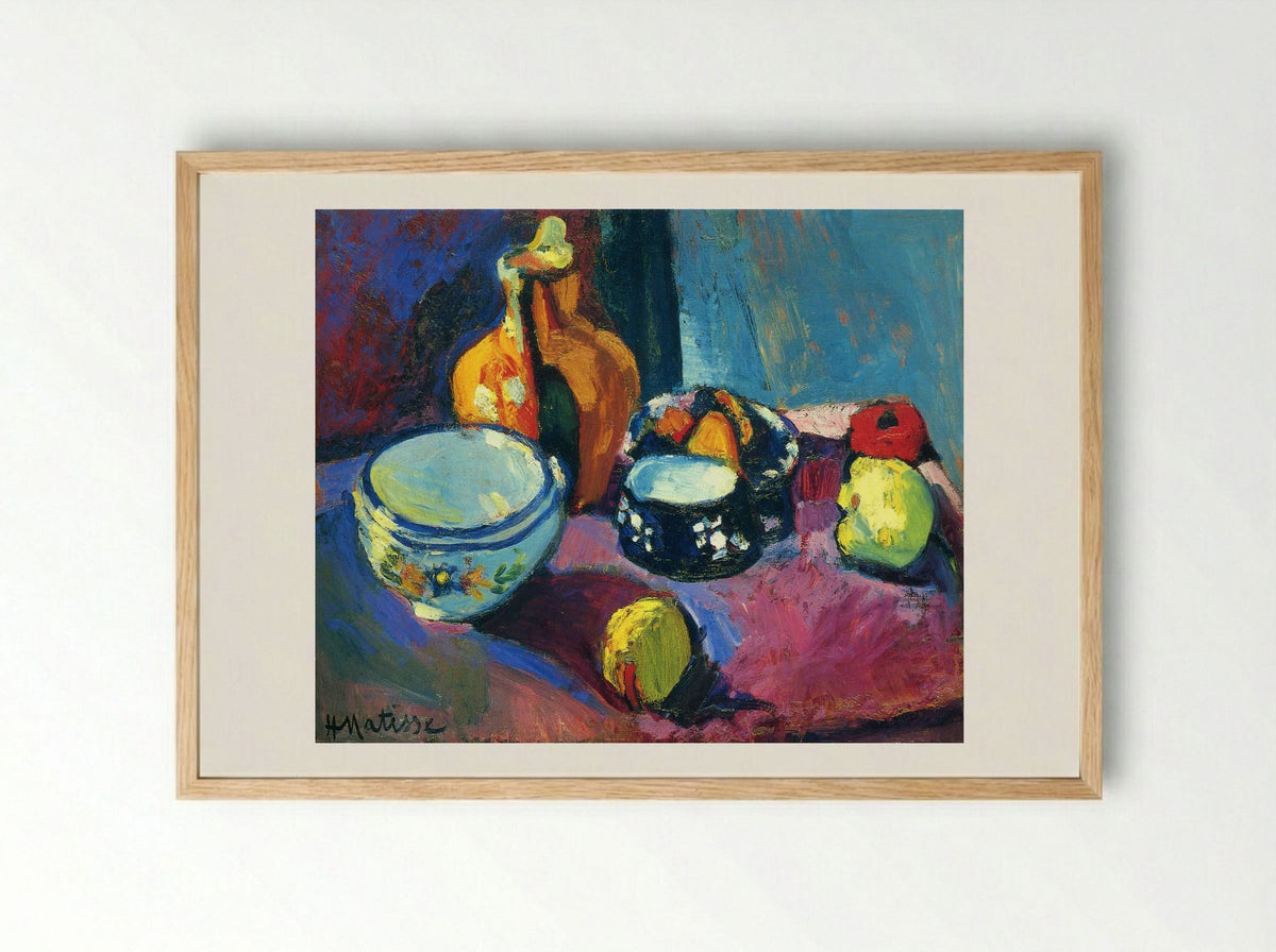 Dishes and Fruit on a Red and Black Carpet - Henri Matisse - Framed Print Wood