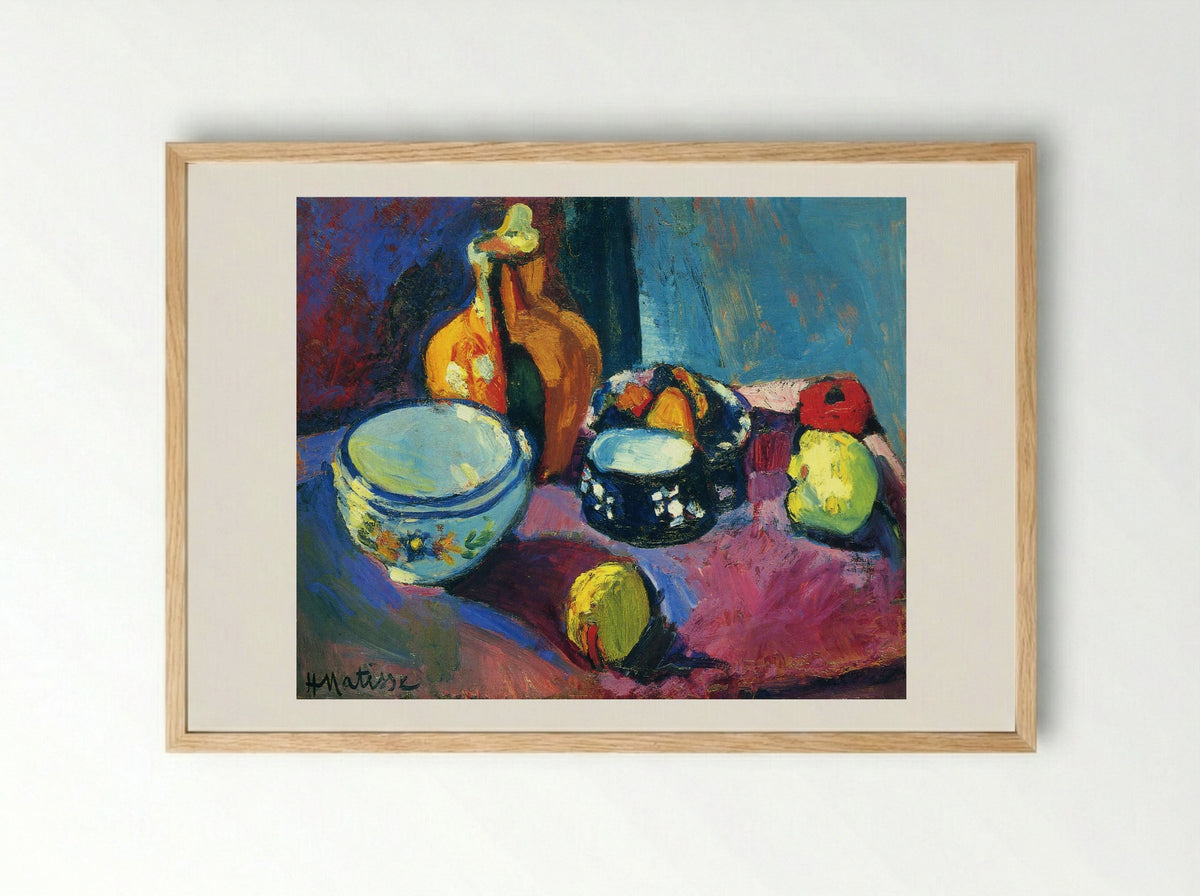 Dishes and Fruit on a Red and Black Carpet - Henri Matisse - Framed Print Wood