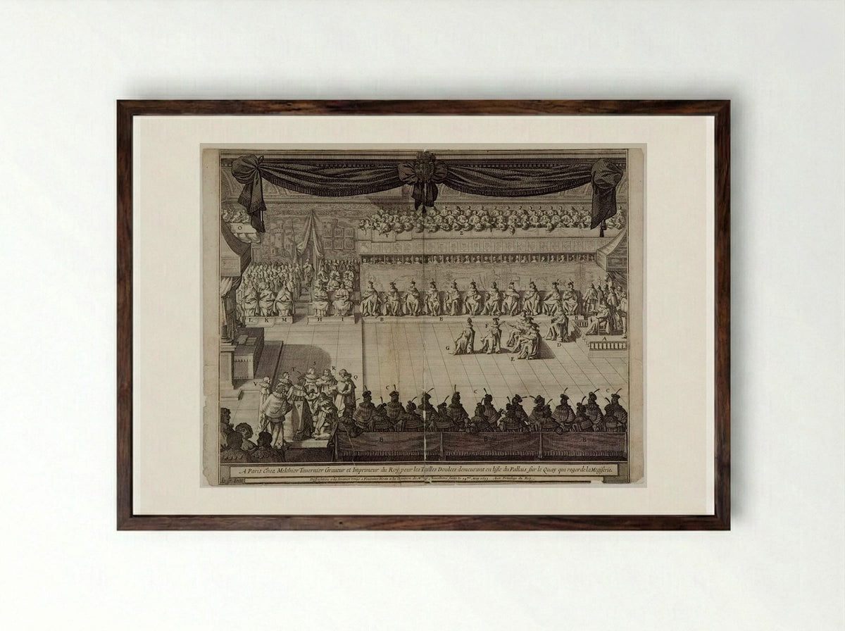 Disposition à la seance tenue à Fontainebleau - Abraham Bosse - Framed Print Dark Wood