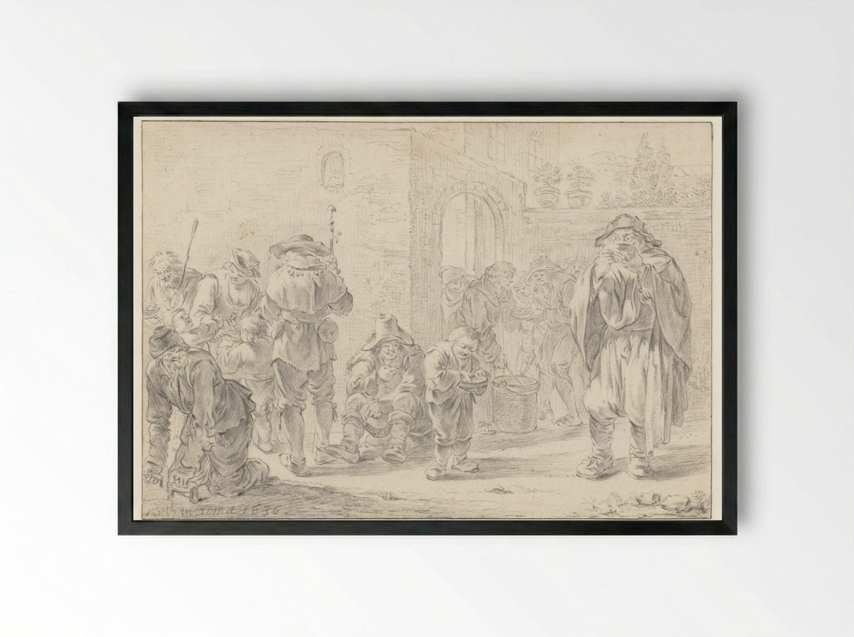 Distribution of Food to Pilgrims and Beggars at a Monastery Gate - Andries Both - Framed Print Black