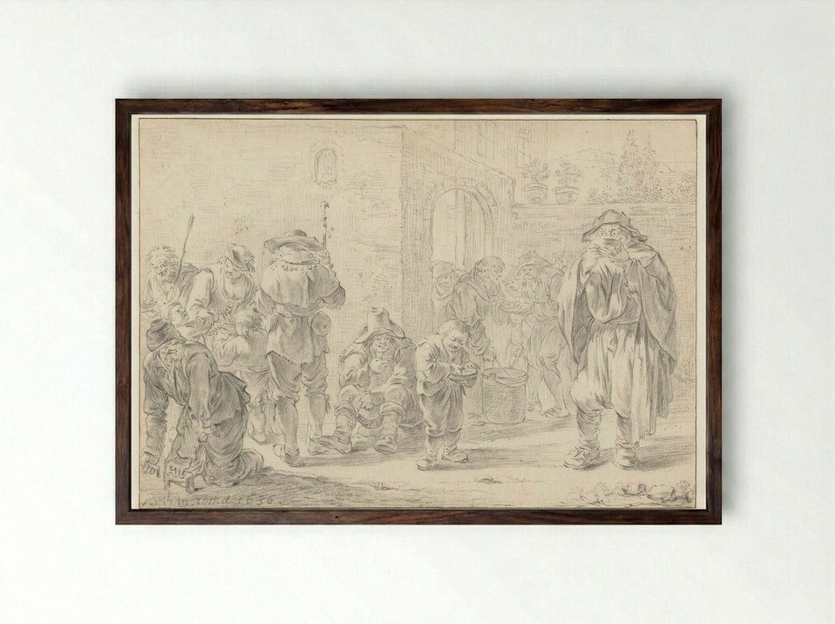 Distribution of Food to Pilgrims and Beggars at a Monastery Gate - Andries Both - Framed Print Dark Wood