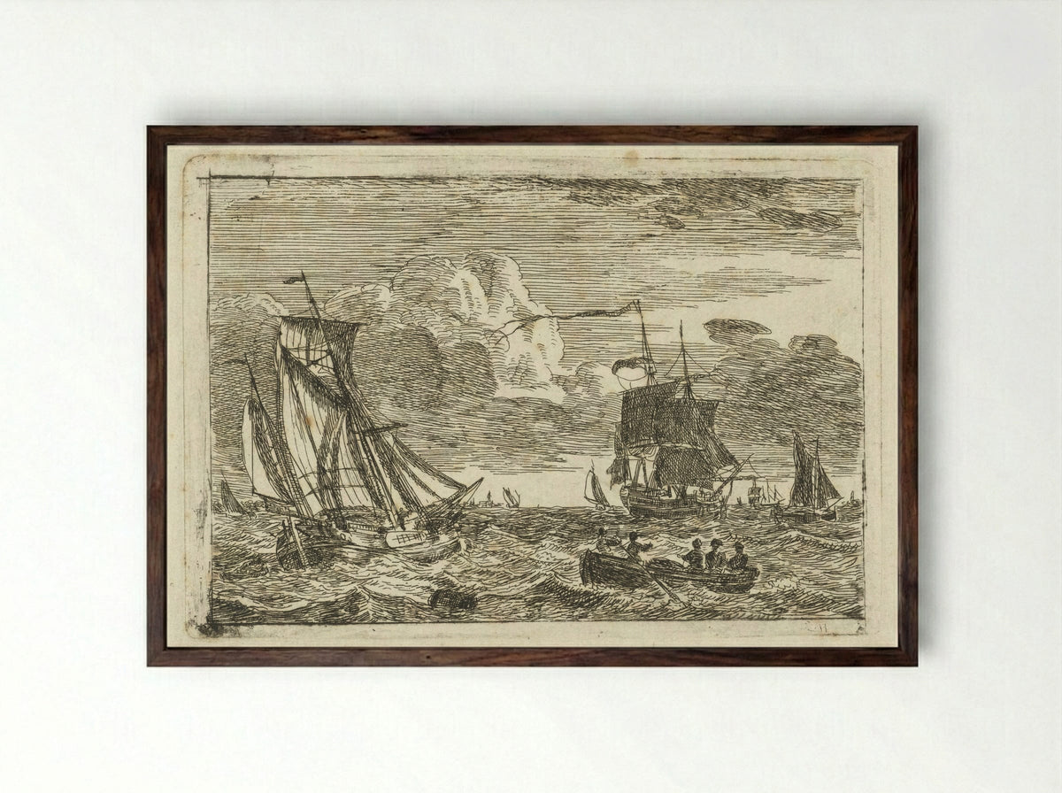 Diverse zeilschepen en een sloep op zee - Gerrit Groenewegen - Framed Print Dark Wood