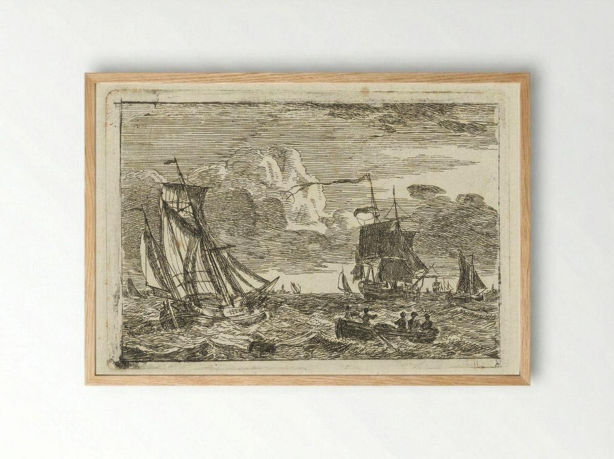 Diverse zeilschepen en een sloep op zee - Gerrit Groenewegen - Framed Print Wood
