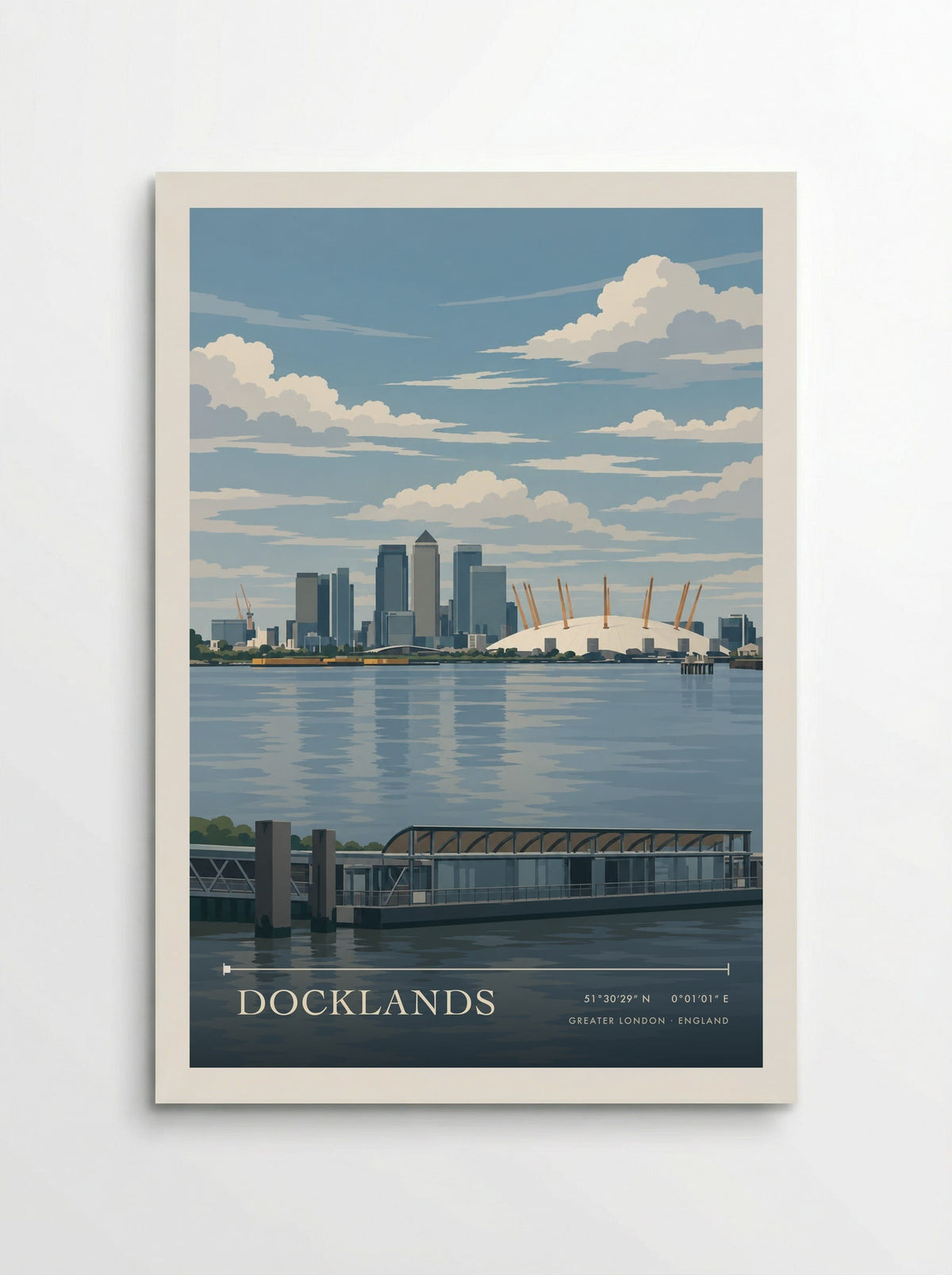 Docklands, Greater London travel poster: Canary Wharf towers, a white dome and orange masts beyond the broad Thames, seen above a foreground landing st