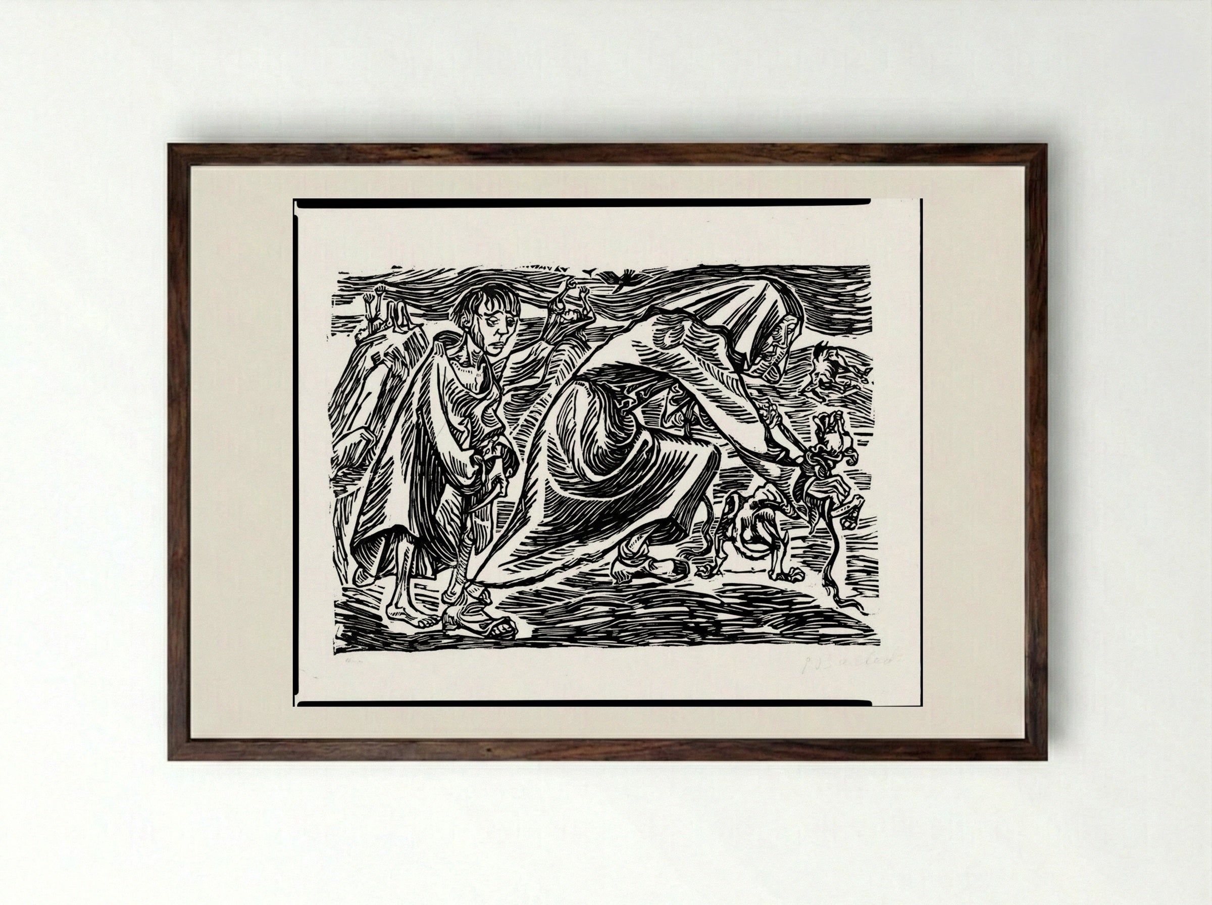 Dog Catcher - Ernst Barlach - Framed Print Dark Wood