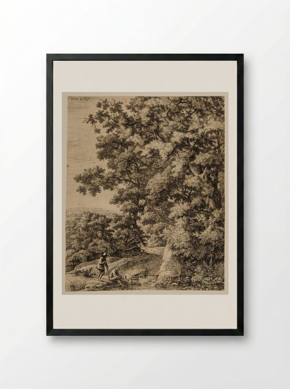 Dog Drinking in the Stream - Anthonie Waterloo - Framed Print Black