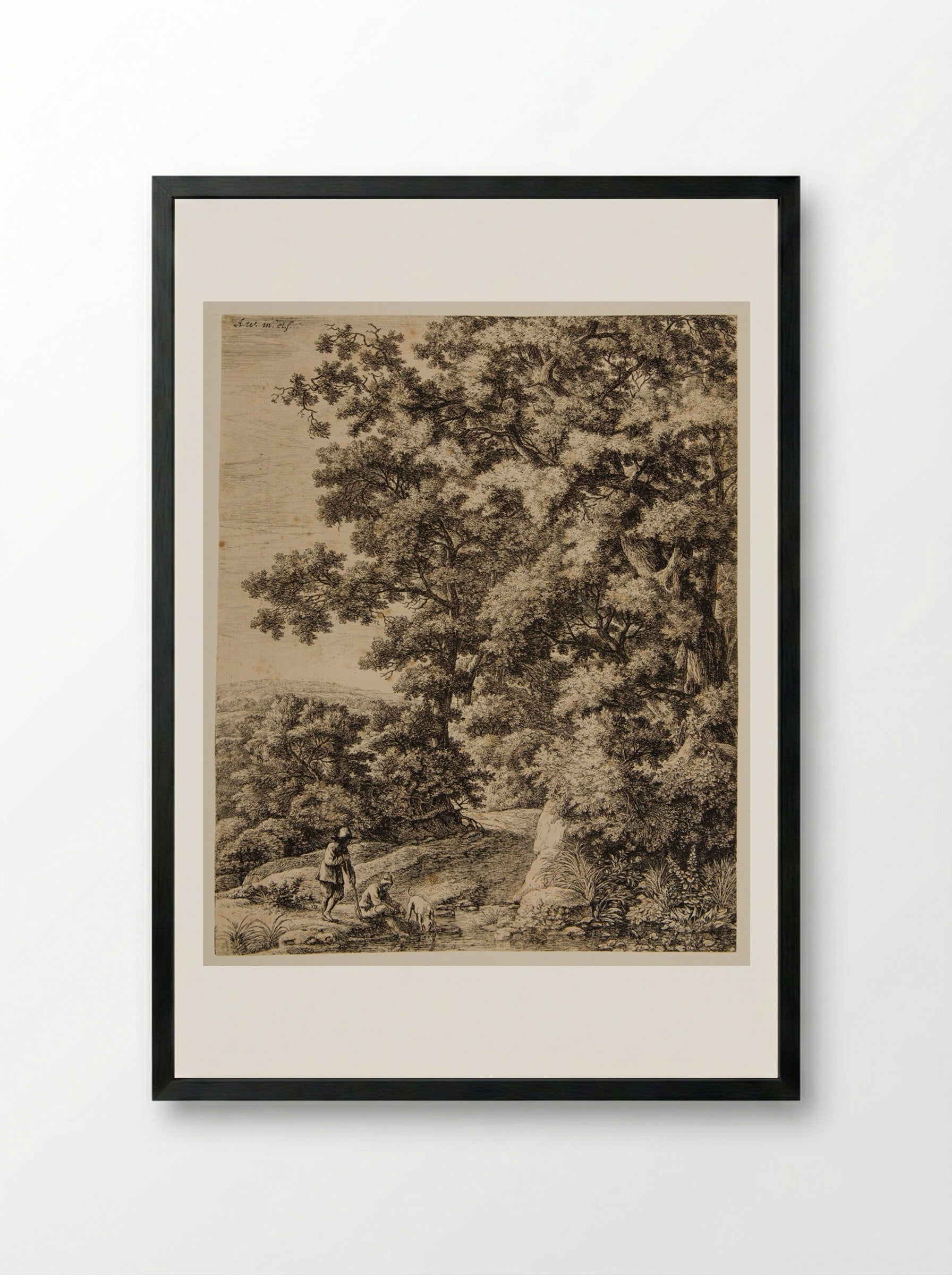 Dog Drinking in the Stream - Anthonie Waterloo - Framed Print Black