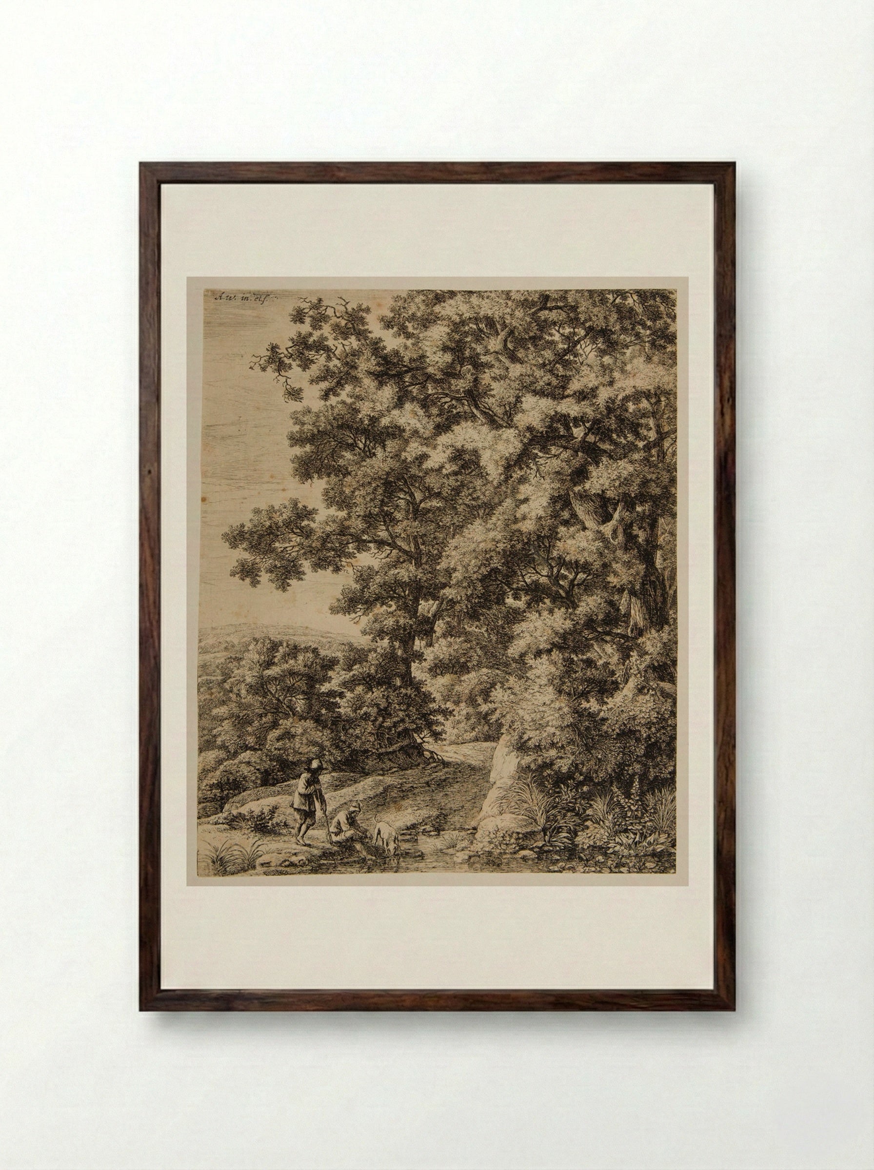 Dog Drinking in the Stream - Anthonie Waterloo - Framed Print Dark Wood